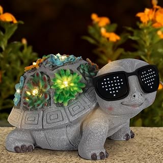 Pawatee Solar Turtle Garden Statue with Succulents & Rotating LED Lights - Weatherproof Outdoor Decor for Patio Yard, Unique Birthday Gift for Mom Grandma