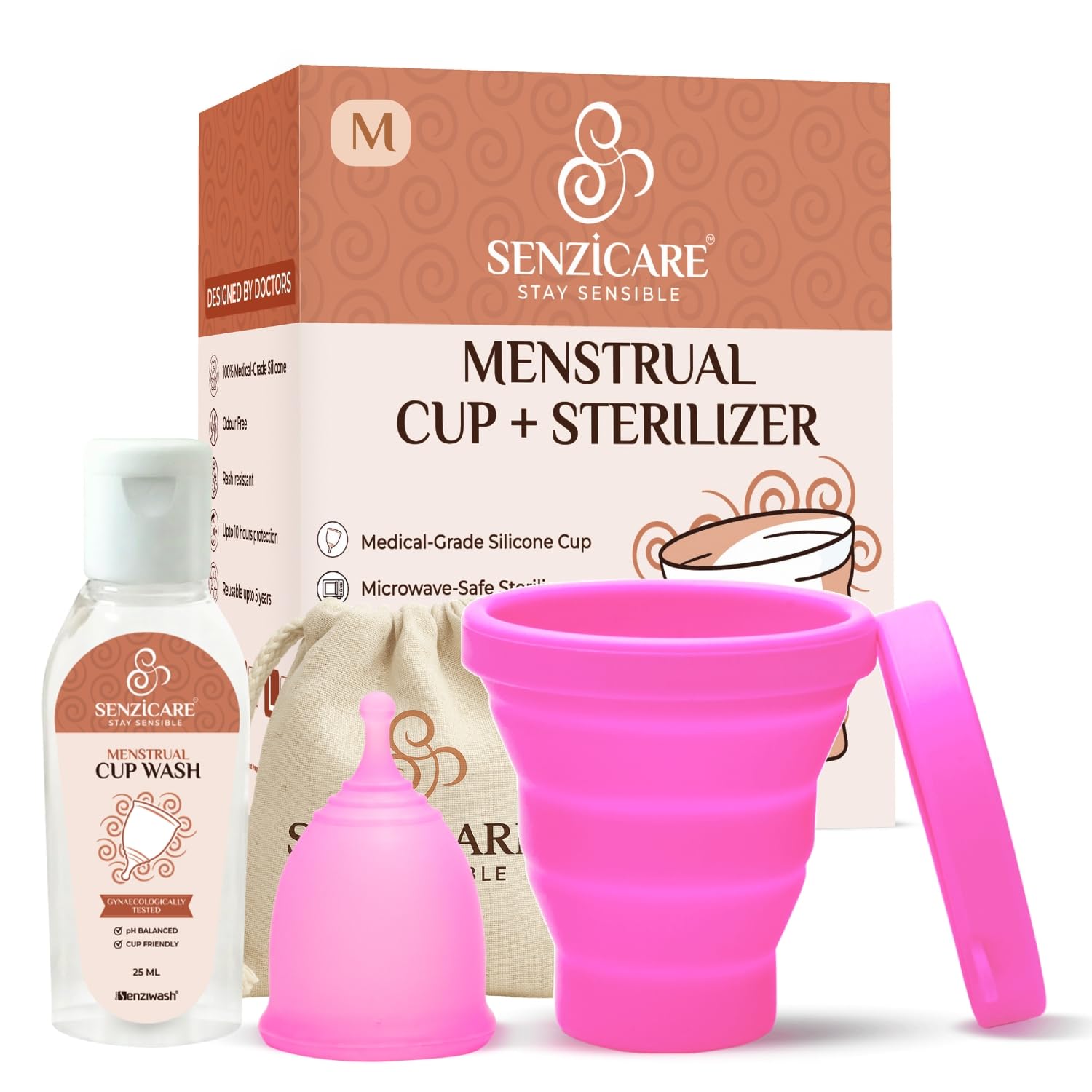 Senziwash Truecup Medium Reusable Menstrual Cup & Sterilizer - Cup Wash Included, No Rashes, Leakage or Odor - 100% Medical Grade Silicone, FDA Approved - Pack of 3-image-44