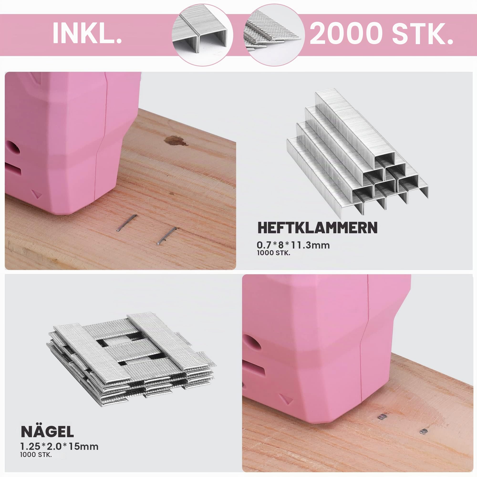 WORKPRO Kabelloser Hefter, 3,6 V, 2000 mAh, mit 2000 Heftklammern, 2-in-1 Multifunktions-Hefter, kompatibel mit Nägeln und Heftklammern Typ 53, 8 für DIY-Projekte in Möbeln, Tischlerei (Rosa) | kompatibel mit Nägeln und Heftklammern Typ 53, 8 für DIY-Proj