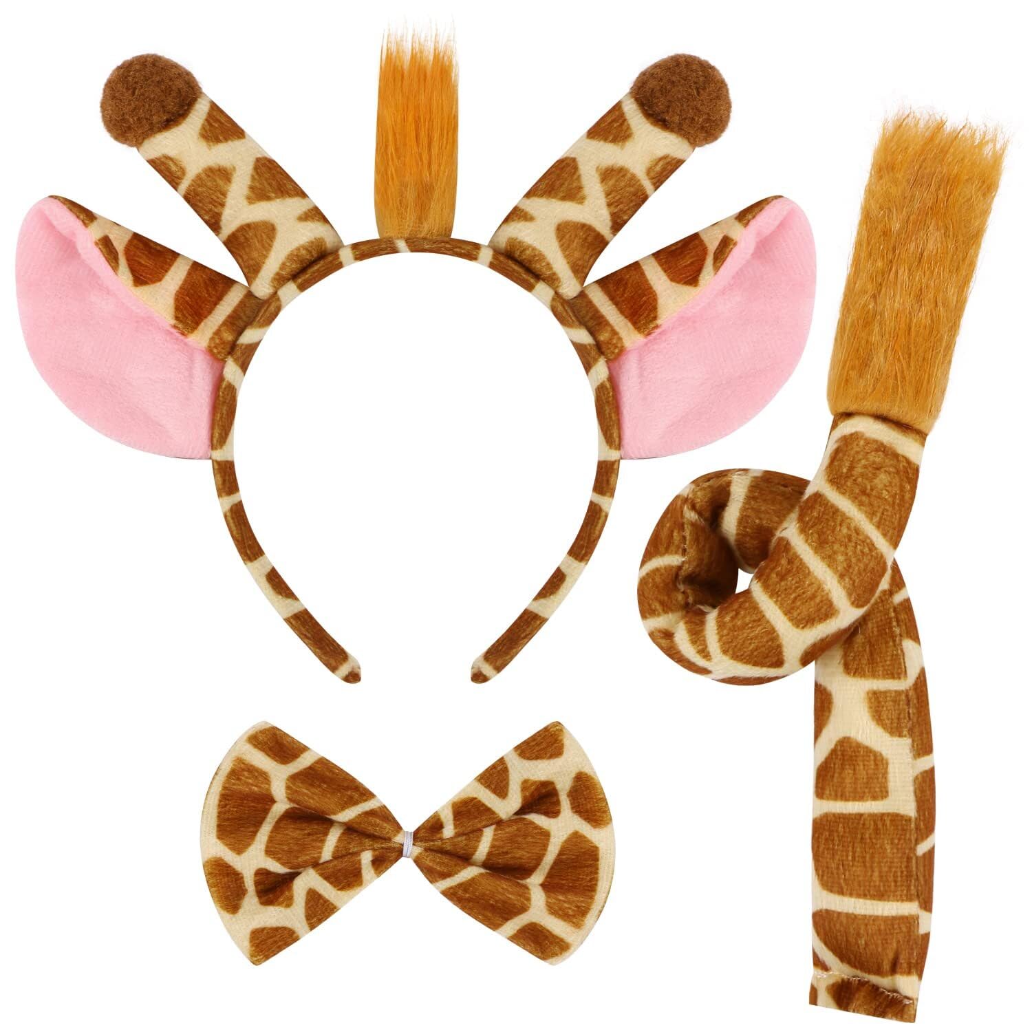 MZinge Furry Animal Costume Set - Zebra/Leopard/Giraffe - Headband, Tail & Bow Tie - Halloween & Party (golden giraffe)