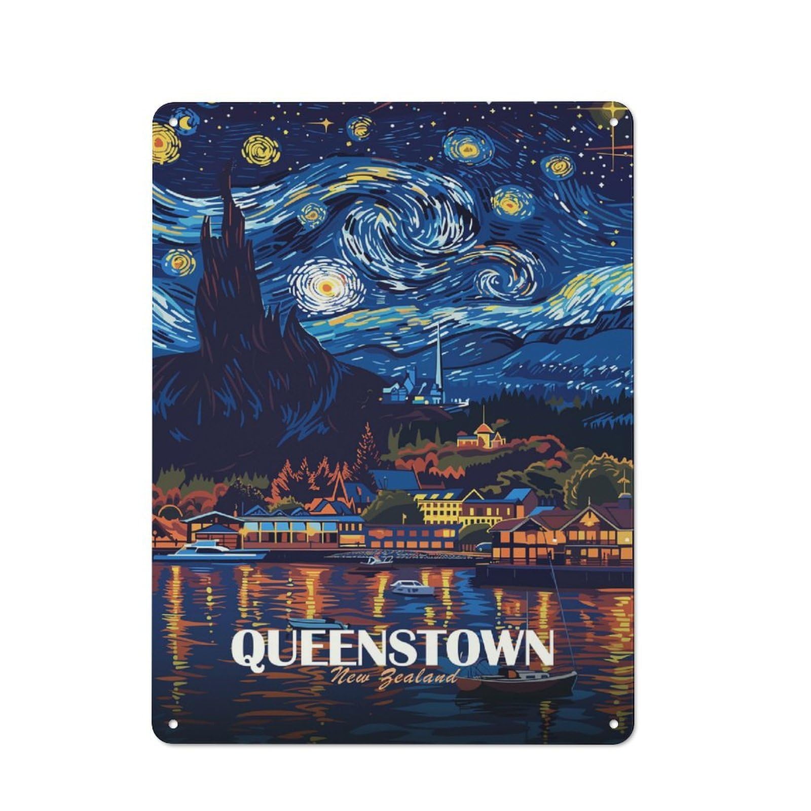 Junmoney Style-22 Vintage Queenstown New Zealand Travel Metal Wall Art Sign 40X30cm, Old Style Wall Plaque For Bedroom, Office, Home Bar Or Dining Room