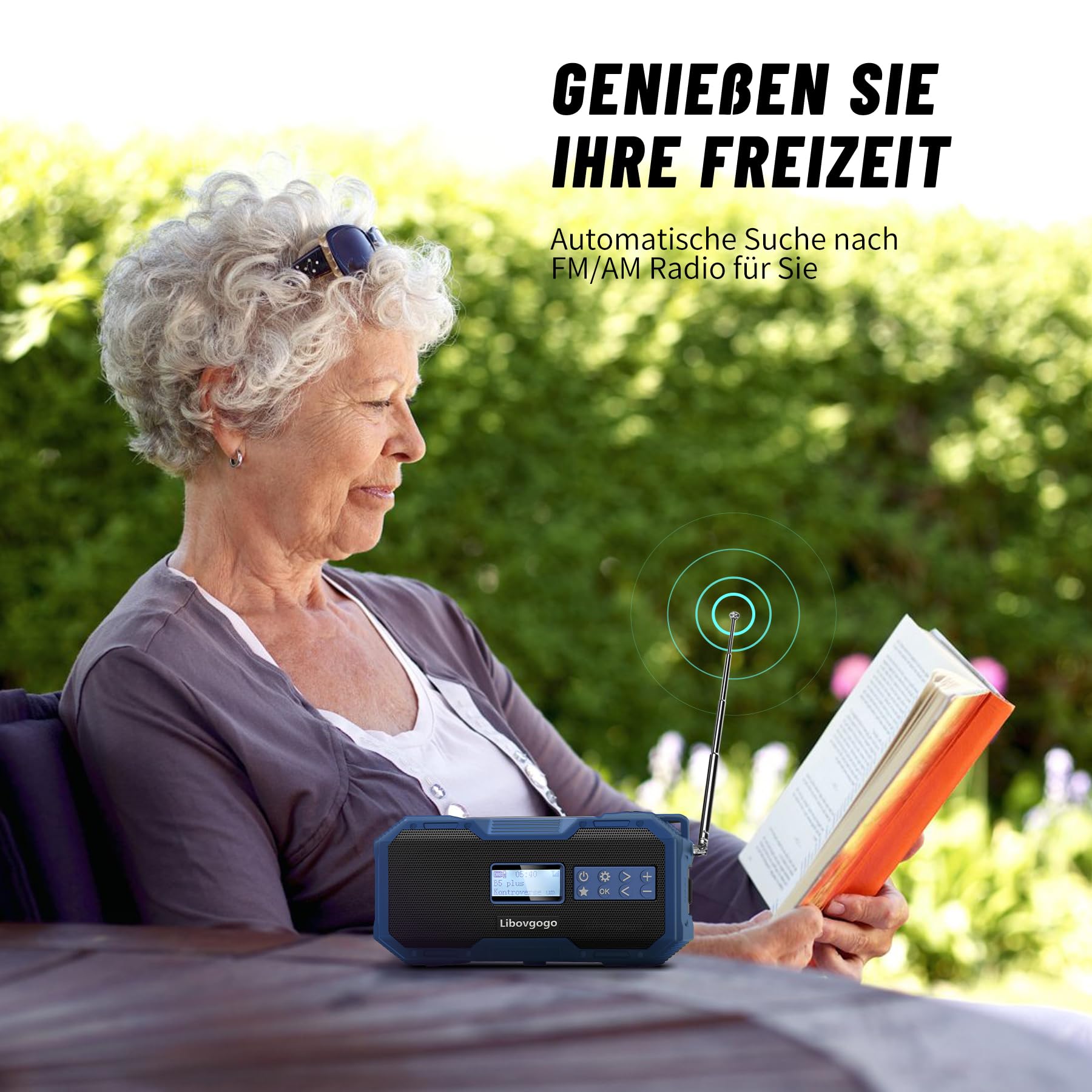 Libovgogo DF-587D Radio portátil DAB+ FM con altavoz Bluetooth impermeable, radio de manivela con función de carga de teléfono solar, batería externa de 5000 mAh, linterna, luz estroboscópica, SOS