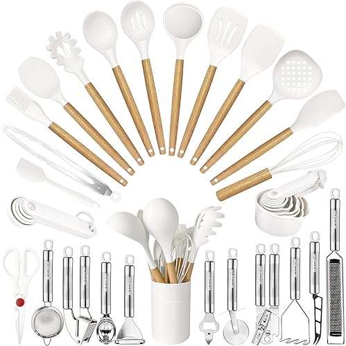 Juego de utensilios de cocina - 35 piezas de utensilios de cocina con rallador, pinzas, espátula de cuchara y girador hechos de silicona resistente