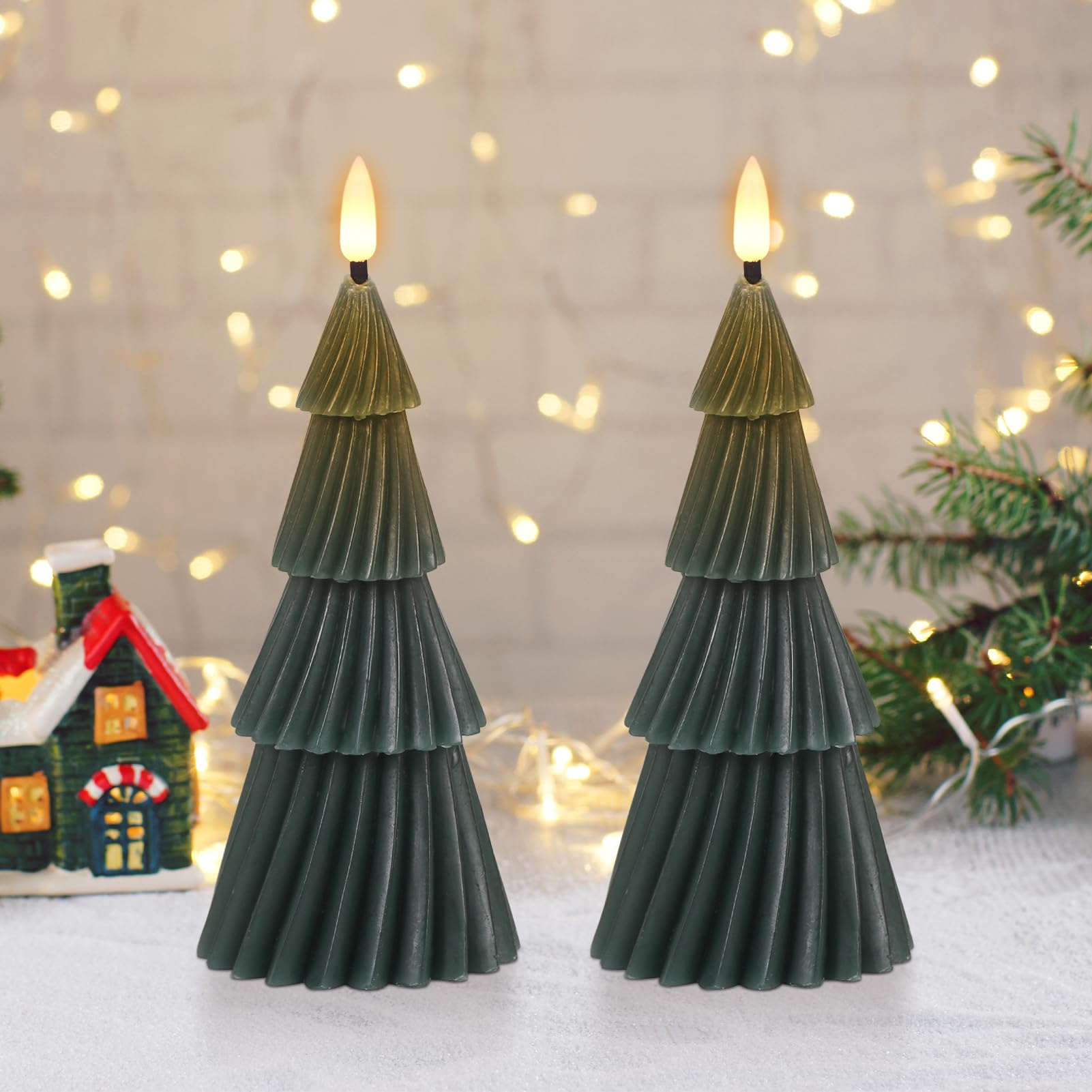 Eldnacele Christmas Tree LED Candles with 6hrs Timer, Real Wax Battery Operated Flickering Flameless Candles for Christmas Decorations(2 pcs 3" x 7.1")
