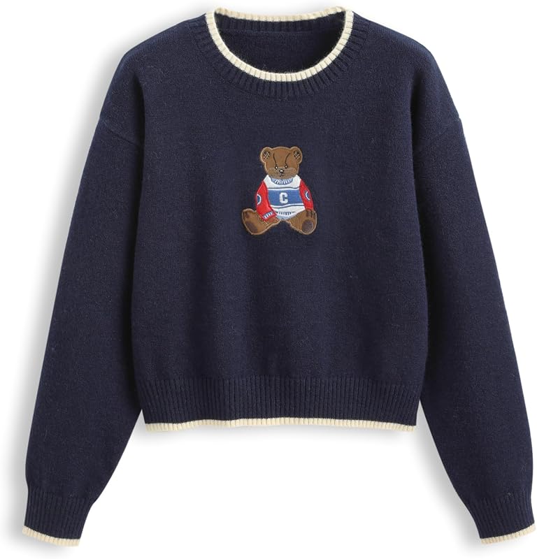 CIDER Women's Fall Sweaters Long Sleeve Bear Graphic Cute Sweaters | Crewneck Color Block Knit Pullover, Fall Fashion Winter Outfits