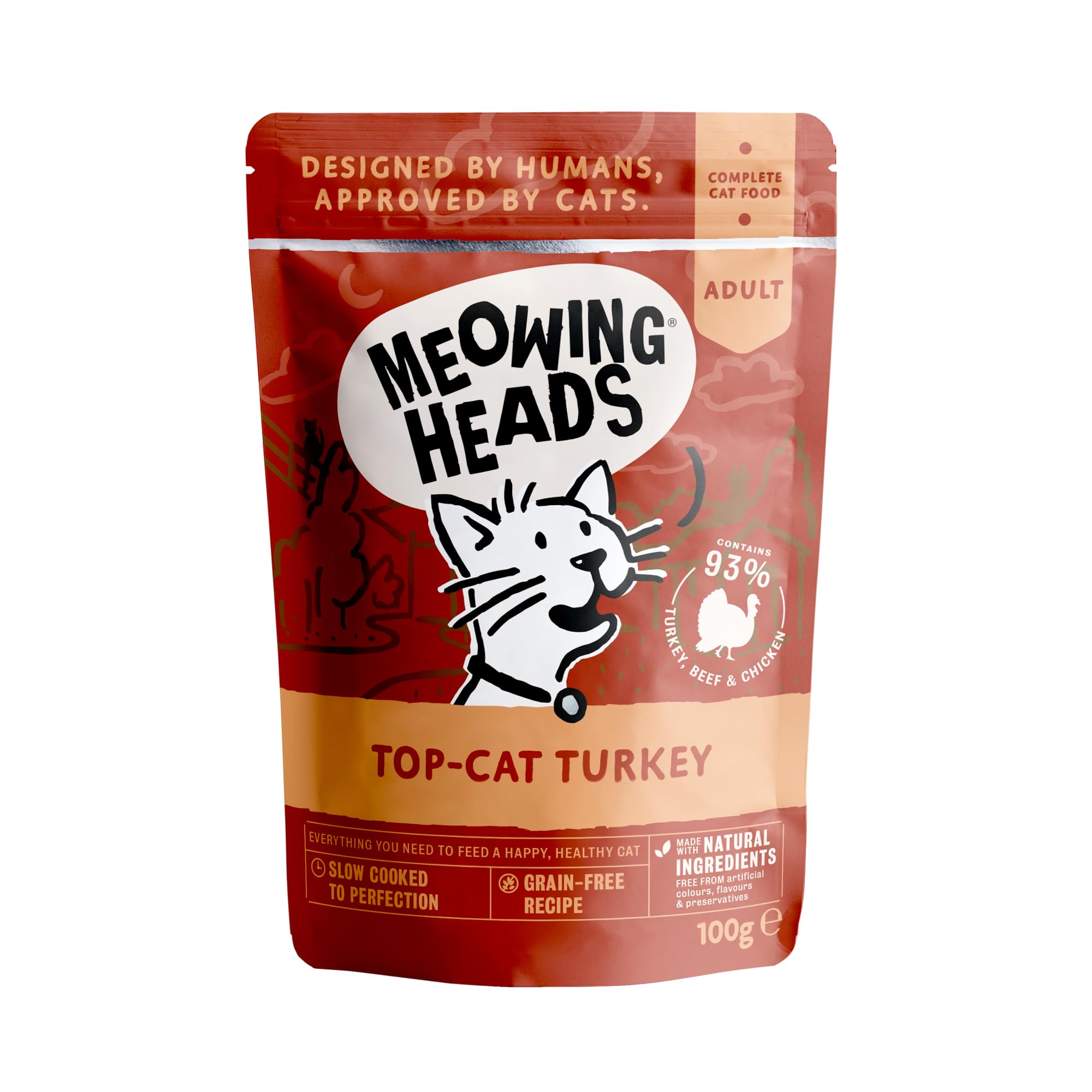 Meowing Heads Wet Cat Food - Top-Cat Turkey - 93% Natural Turkey, Chicken & Beef Pouches with No Artificial Flavours, Grain-Free Recipe (10 x 100g)