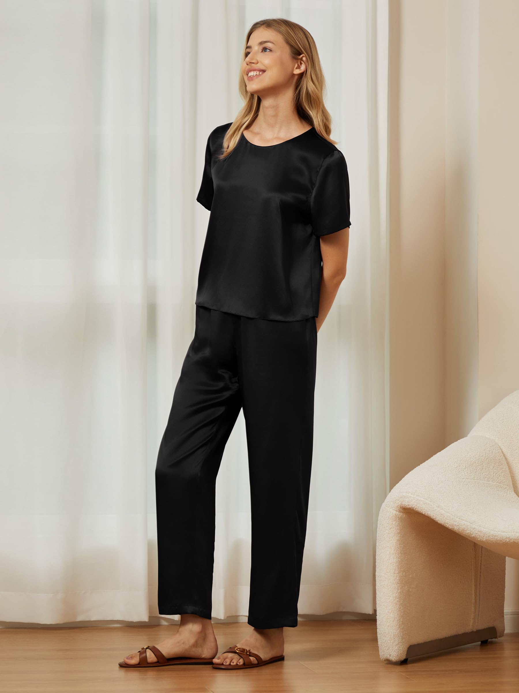 Mommesilk Seidenpyjama für Damen Pullover Oberteil und Hose 2-teiliges Seiden-Pyjama-Set waschbare Seiden-Nachtwäsche Loungewear