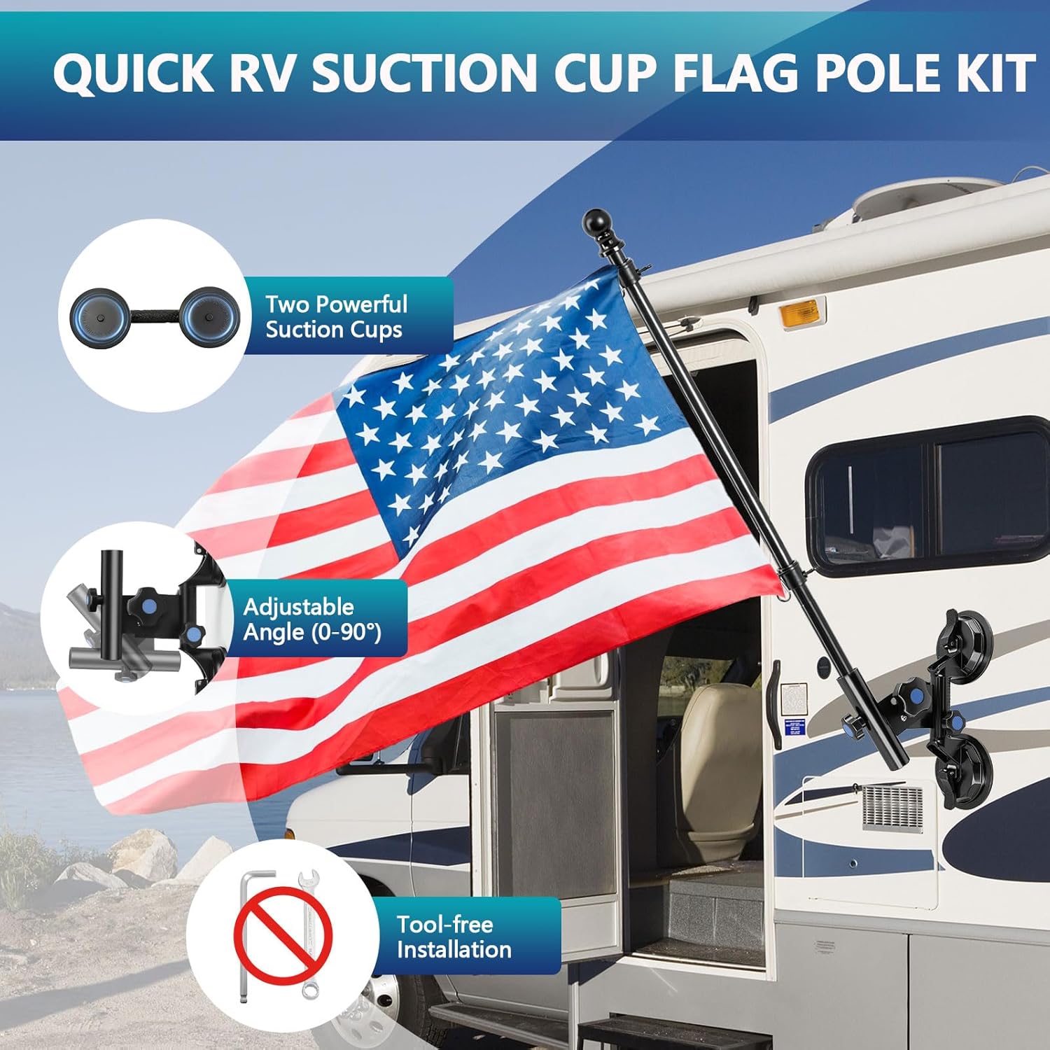 Suction Cup Flag Holder for Rv, Rv Flagpole Mount Kit with Angle Adjustable, Quick Flag Pole Mount Kit for Holds Flags,Heavy Duty Flagpole Holder for Camper, Truck, Trailer,Yacht,Boat