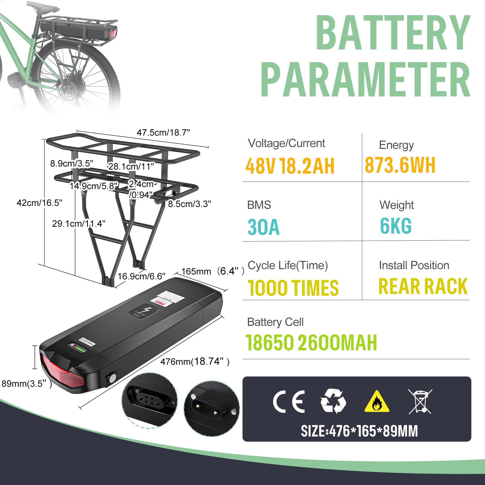 48V17.5Ah Batterie De Vélo électrique Avec Porte-Bagages