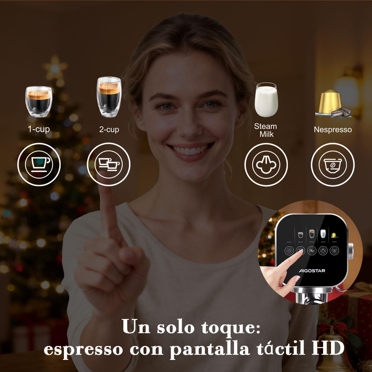 Aigostar Cafetera Espresso 20 Bares para Cápsulas y Café Molido Inox, Rojo | Panel táctil, espumador de leche, 1 o 2 tazas, depósito de 0,9 L, 1350 W, ideal para espresso, capuccino y latte