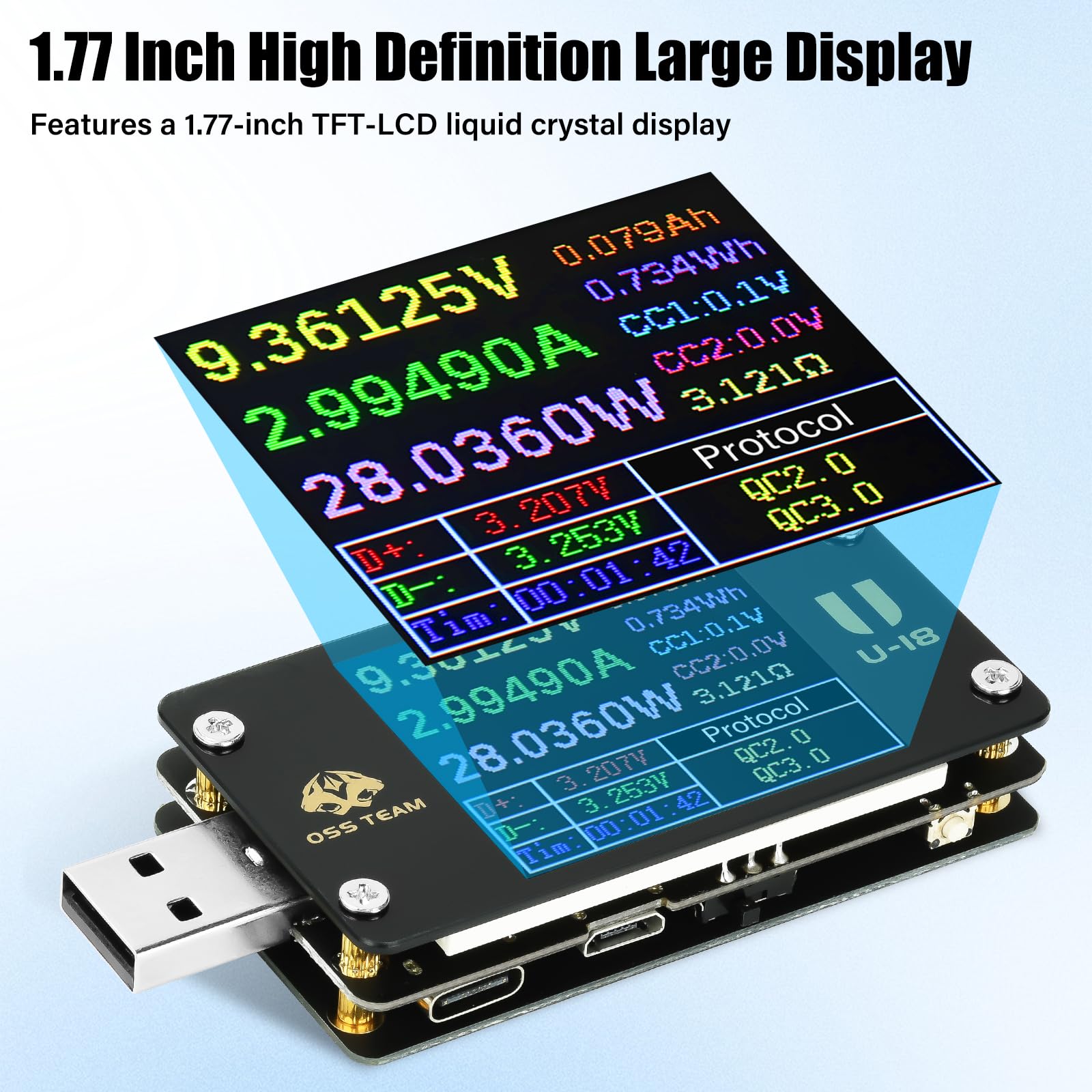 diymore Testeur USB numérique USB - Testeur de courant - Voltmètre - Détecteur de capacité de puissance avec mesure de courbe, mesure d'ondulation, test de protocole