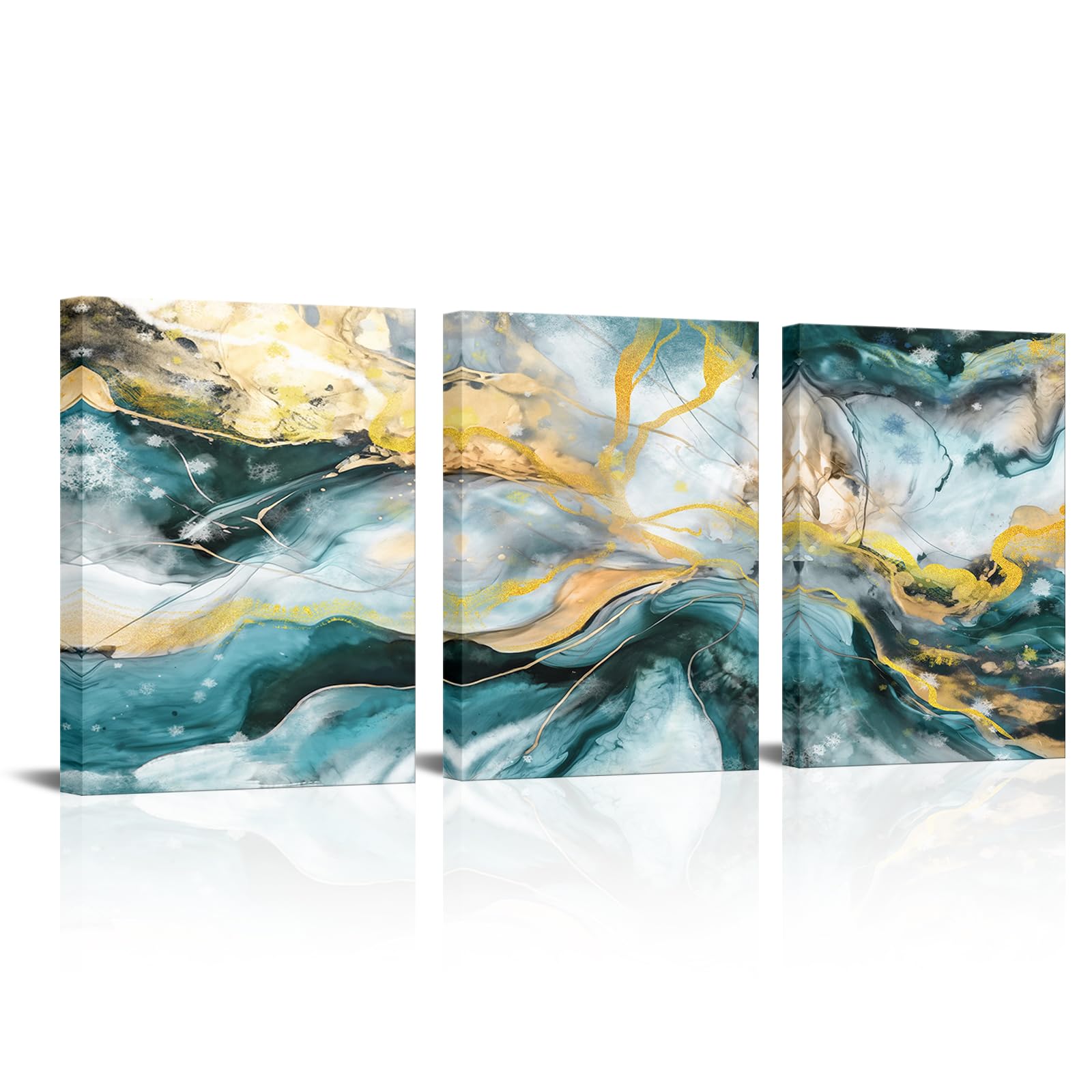 Zlove Abstract Wall Art Modern Marble Vortex Wall Decor Teal and Gold Painting for Bedroom Living Room Office, 12"x16", 3Pcs (Teal)