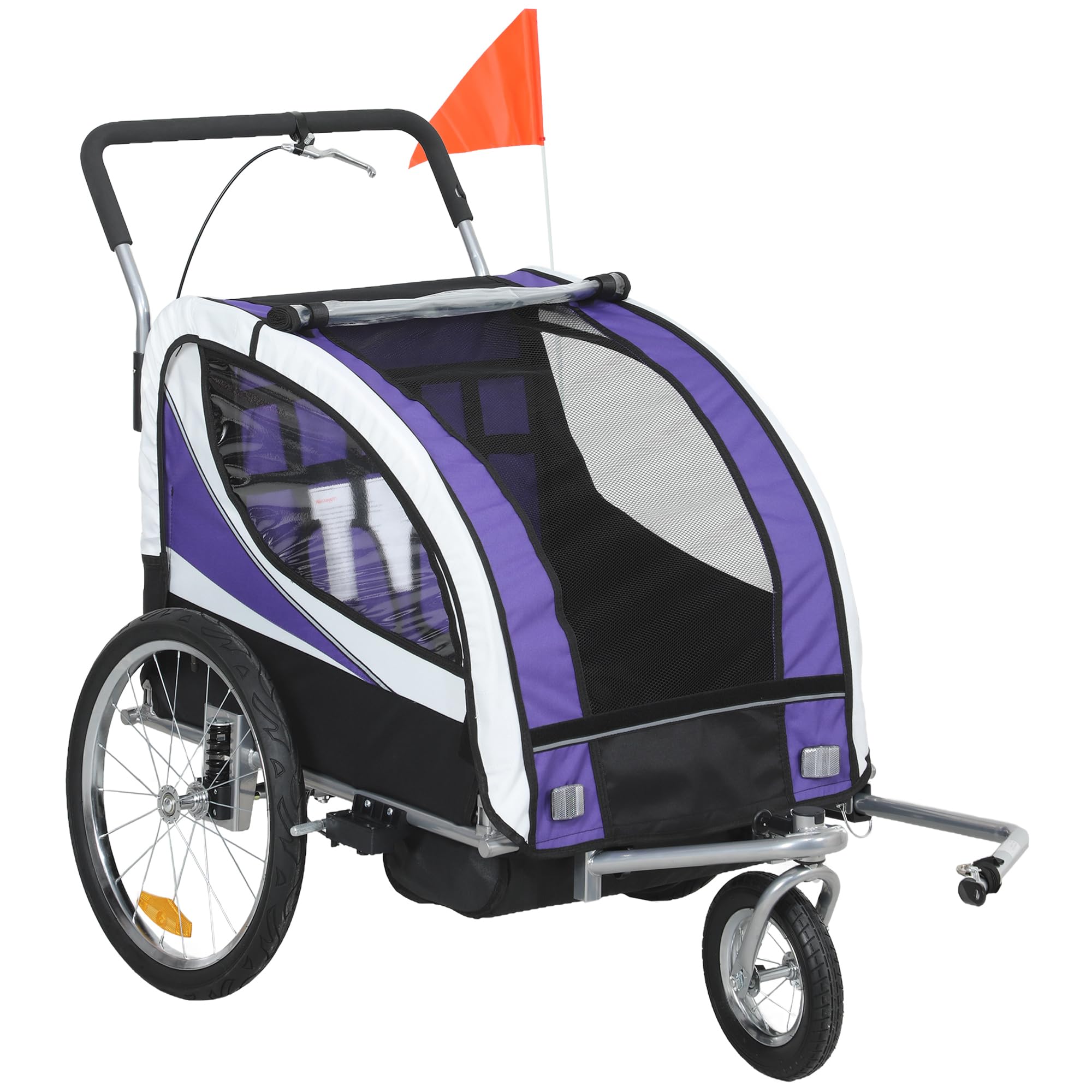HOMCOMChild Bike Trailer, Baby Bicycle Trailer for 2 Kids with 5 Point Harness, Steel Frame, Reflectors, Safety Flag, Hitch Coupler, Purple