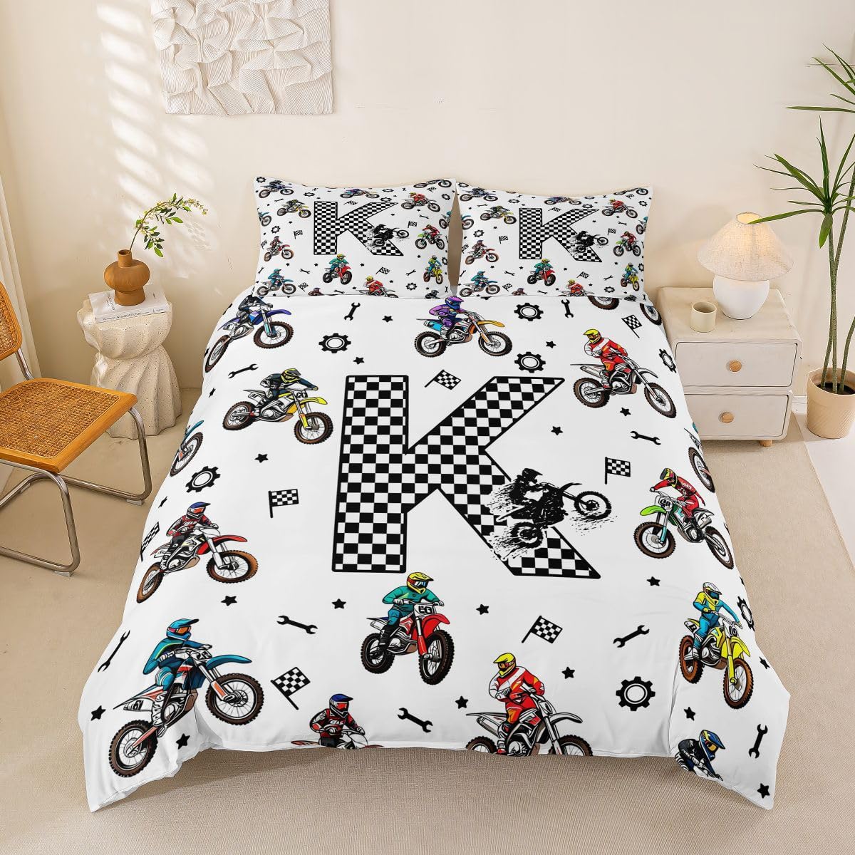 Loussiesd Dirt Bike Duvet Cover Double Size Boys Girls Checkerboard Letter K Bedding Set Breathable Soft Racing Flag Comforter Cover 3Pcs Motocross Themed Bedroom Decor Personalized Initial Art