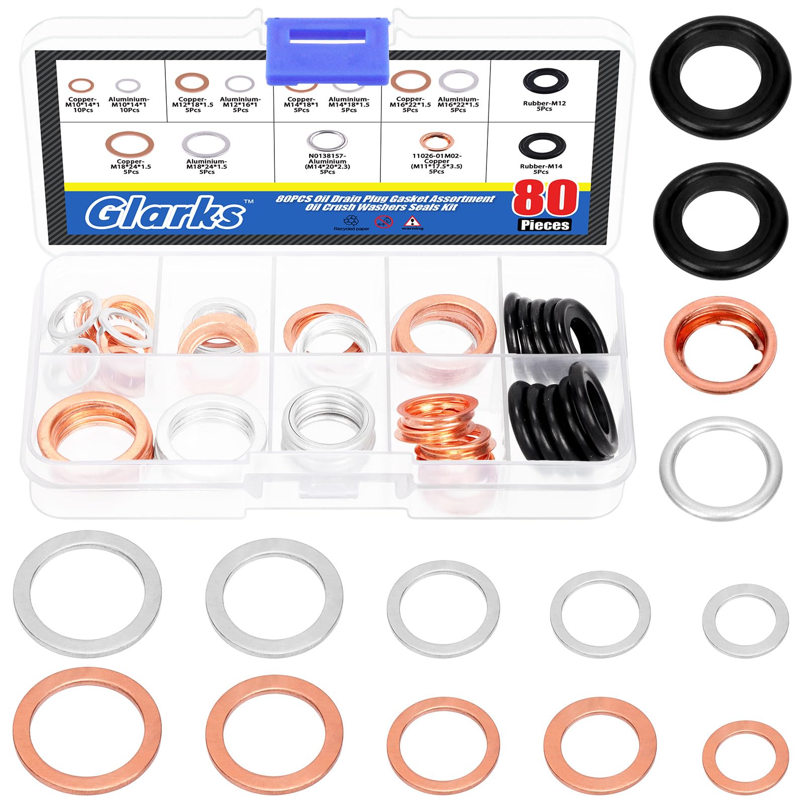 Glarks Kit di Guarnizioni per Tappo di Scarico dell'Olio Automobilistico - 80 Pezzi, 11 Misure (M10-M18) - Alluminio, Rame, Gomma - Rondella di Scarico