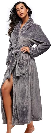 BELLOO Soft bathrobe long women's winter dressing gown flannel sauna robe with shawl collar pocket