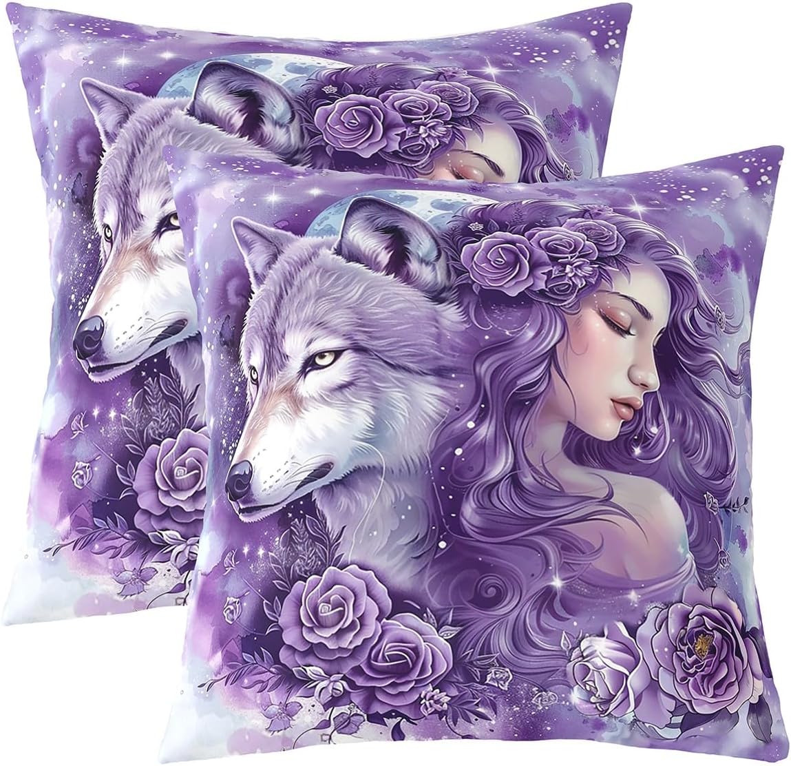 Wild Wolf Throw Pillow Covers 24"x24" Beauty Princess Girl Pillow Cases Romantic Purple Rose Cushion Cover Glitter Starry Moon Pillow Covers for Couch Sofa,Set of 2