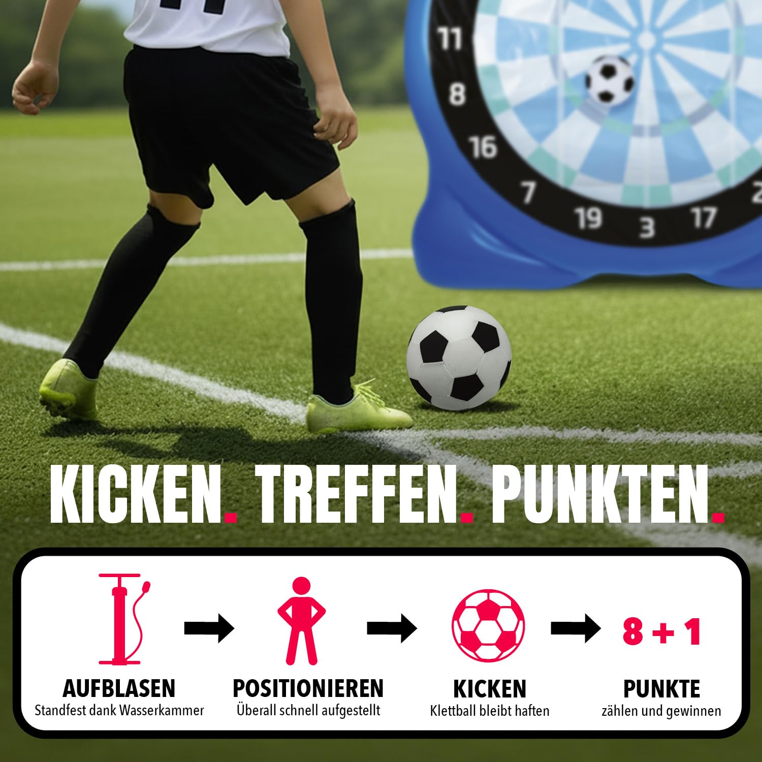 EASYmaxx Fussball Dart aufblasbar Outdoor Komplett-Set mit 2 Bällen, aufblasbare Dartscheibe Fußball mit 107 cm Trefferfläche | ab 6 Jahren | stabil mit Wasserkammer | für Garten, Unterwegs & Events