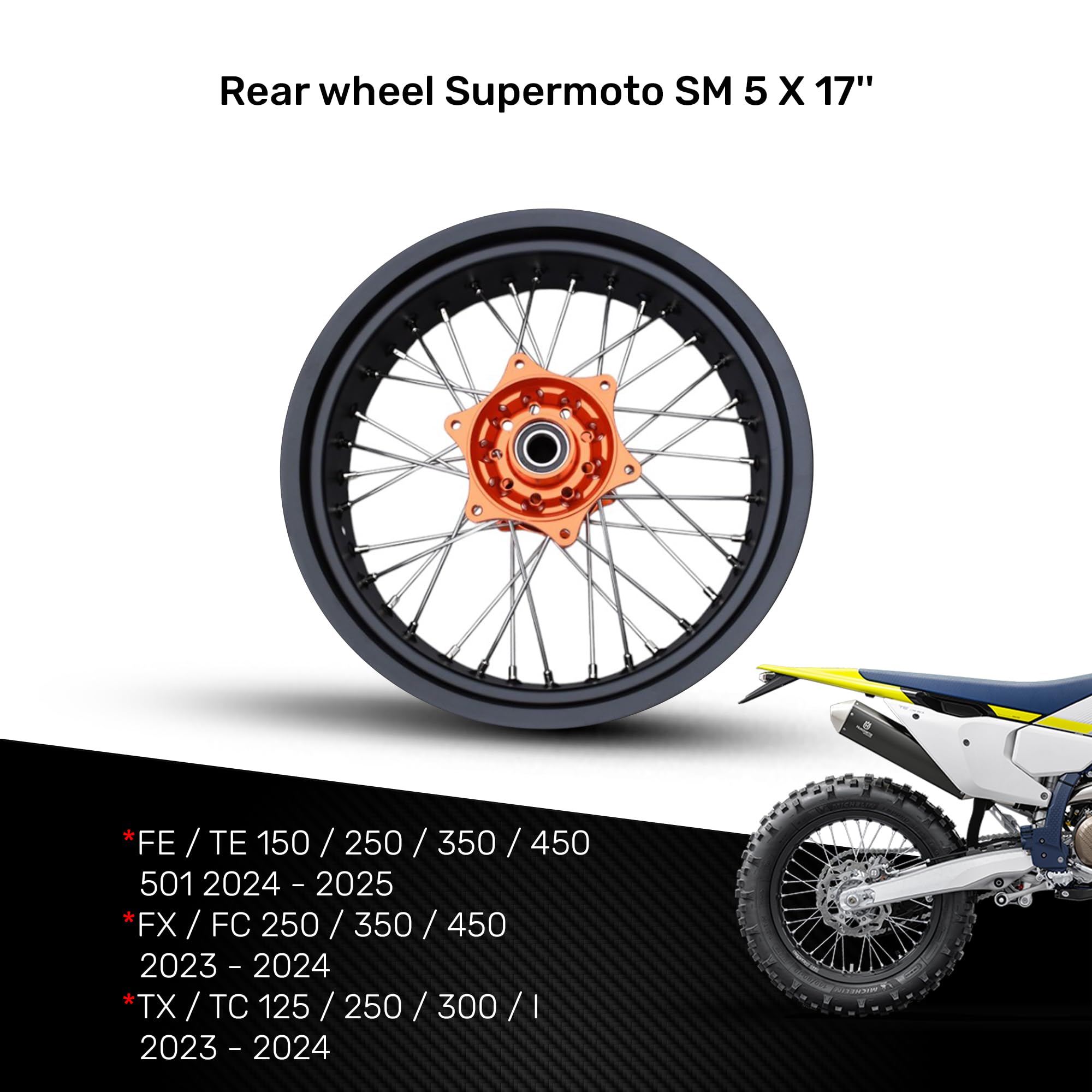 avdb -moto felga/szprychy, koło tylne 15" x 17" kompatybilne z KTM SX 300 2023-2024, SXF 250 2023-2024, SXF 350 2023-2024, HUSQVARNA FC 450 2023-2024, GAS EX 250 EX 252024-X Supermoto (pomarańczowy)