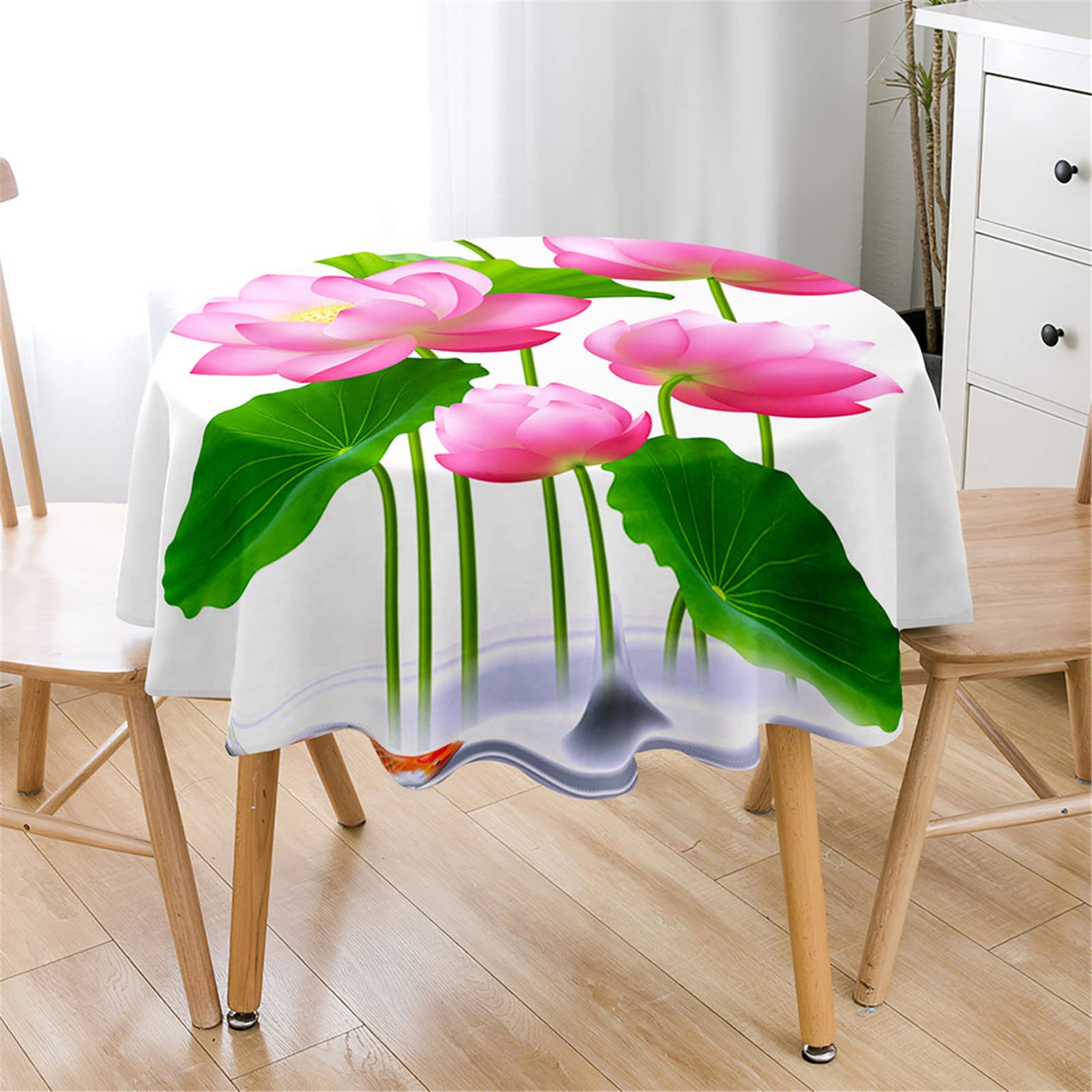 Highdi Nappe Ronde Effet Lotus Bleu Rose - Imperméable, Anti-taches, Lavable, En Polyester, 110 Cm, Pour Cuisine Et Décoration