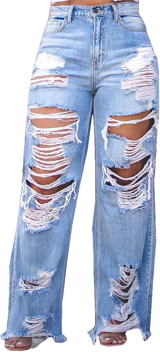 SHINFY Women's Ripped Jeans Distressed Cutout High Waisted Baggy Straight Wide Leg Y2K Denim Pants - Image 5