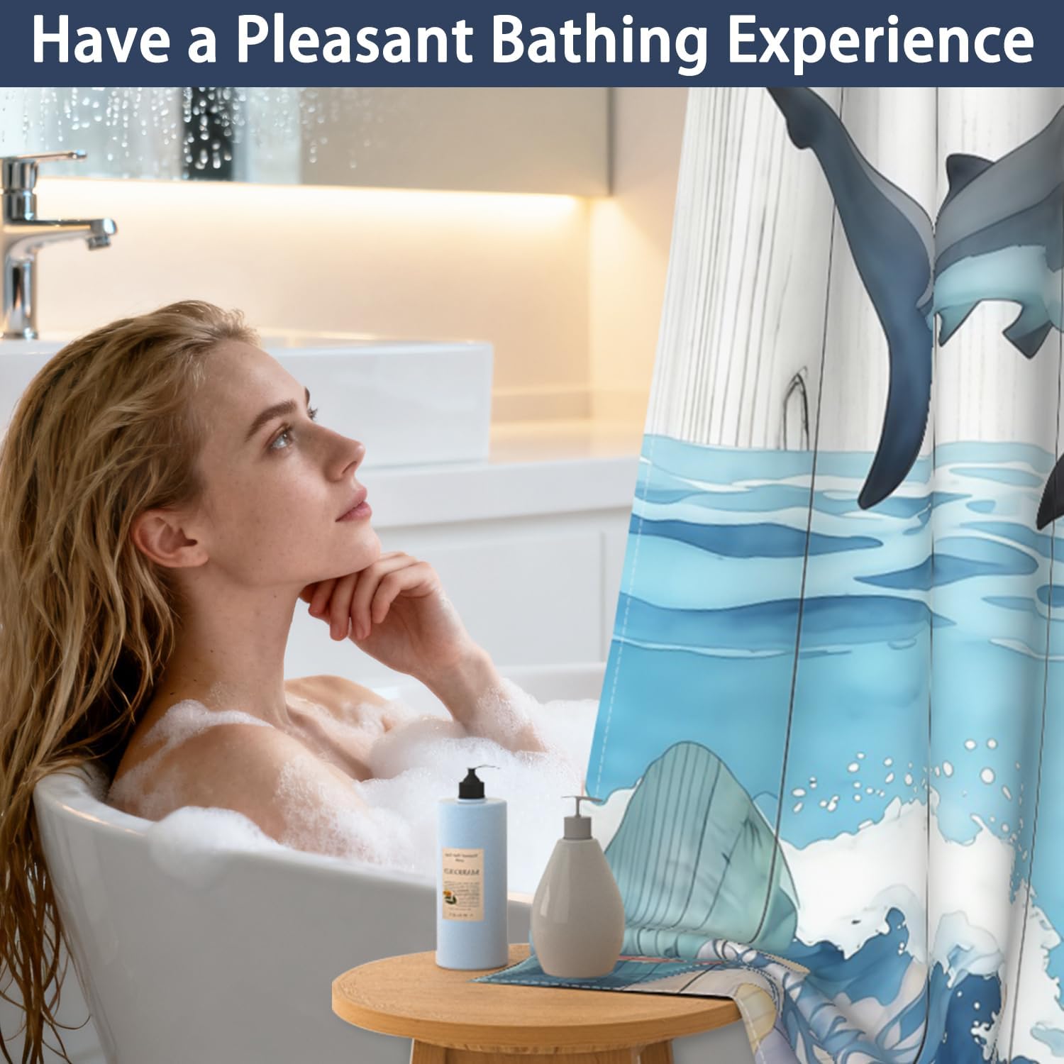 Funny Shark Shower Curtain and Liner Set, Waterproof No Hook Shower Curtain with Translucent Top Mesh Window, Nautical Coastal Ocean Wave Rustic Wooden Farmhouse Bathroom Curtains, 71x74 Inch
