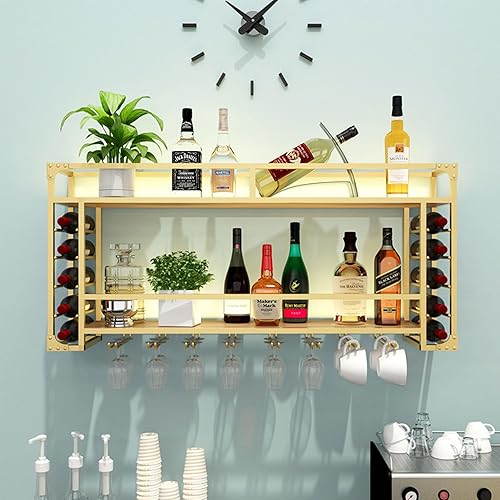 Shelves Wine Rack Wall Mounted with Wine Glass Holder Bar Shelves Liquor Bottle Display Shelf with with LED Strip Mini Bar Kitchen Glass Storage