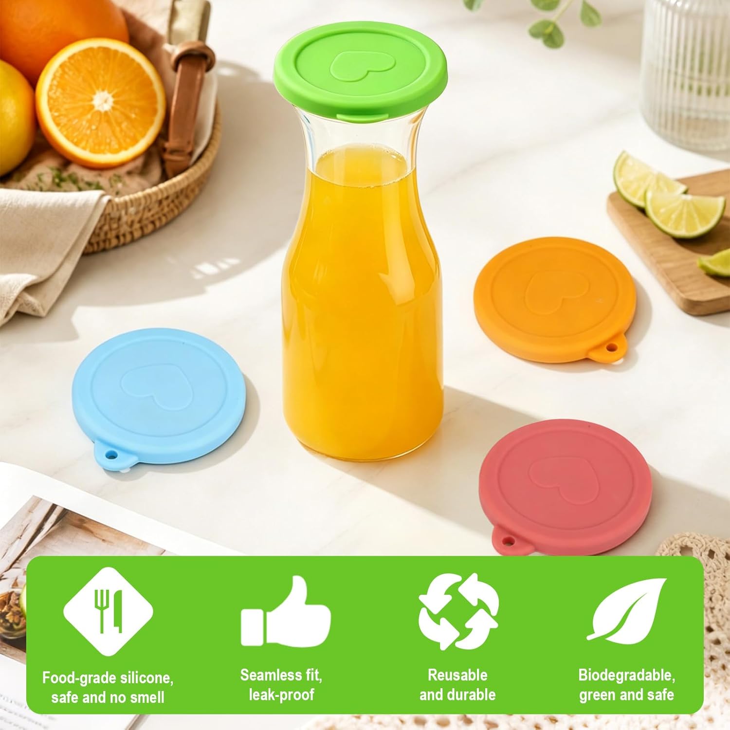 4pcs Silicone Replacement Lids for 1 Liter 35oz Glass Carafe, BPA-Free Reusable Silicone Lids Compatible with 8.3cm/3.27in Diameter Carafe Leak Resistant (4 Colors)