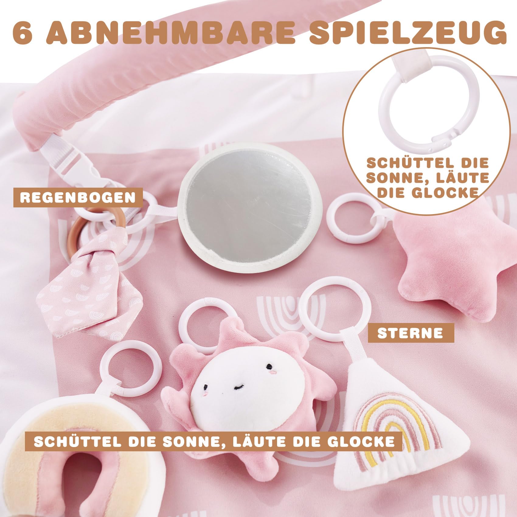 Mallify Spielbogen Baby Mädchen, Krabbeldecke mit Bogen und 6 abnehmbaren Spielzeugen und 12 Meilensteinkarten, Spieldecke baby ab Geburt, Baby Gym 0-6 Monate, Rosa