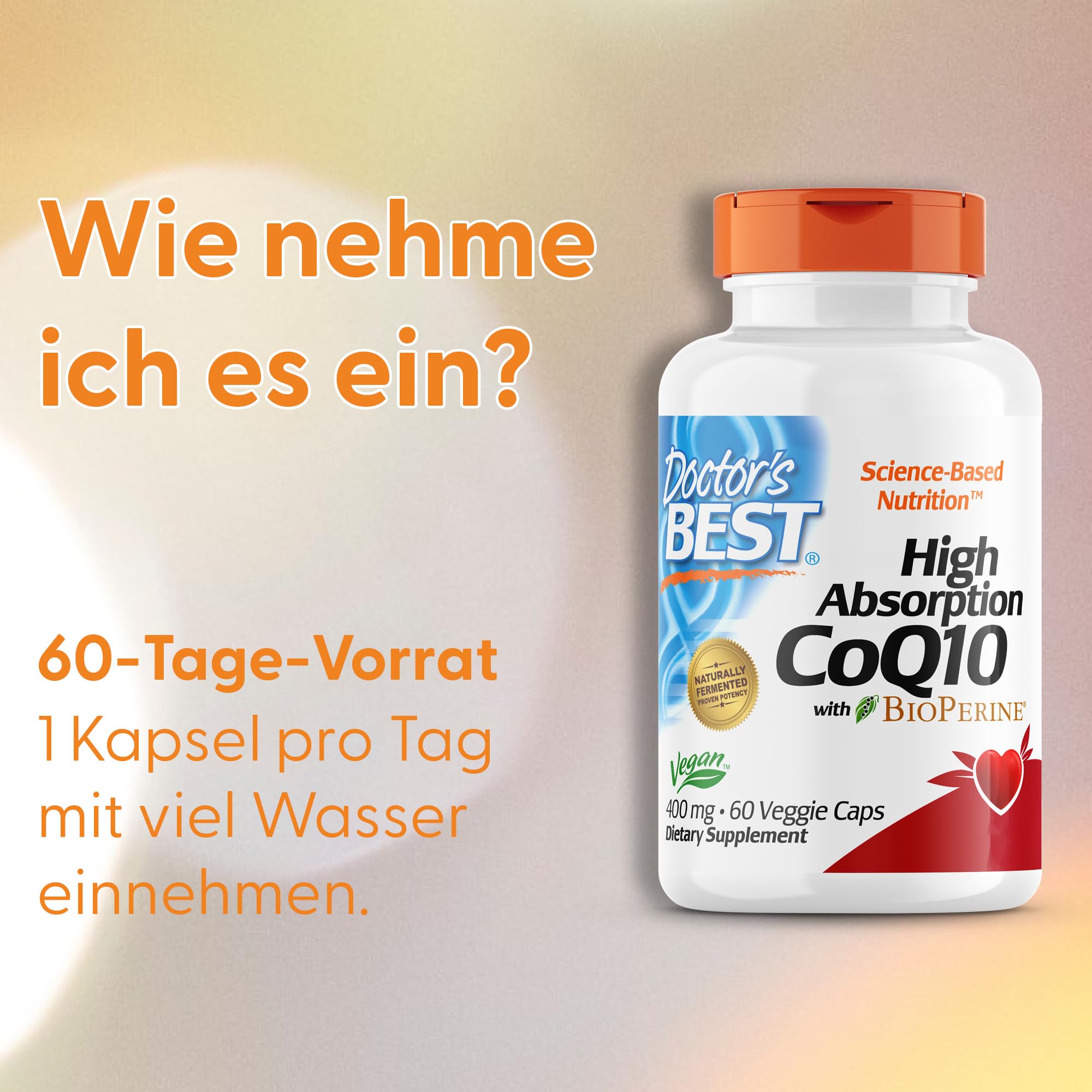 Doctor's Best, High Absorption CoQ10 mit Bioperine (Coenzym Q10), 400mg, 60 vegane Kapseln, Laborgeprüft, Glutenfrei, Sojafrei, Vegetarisch