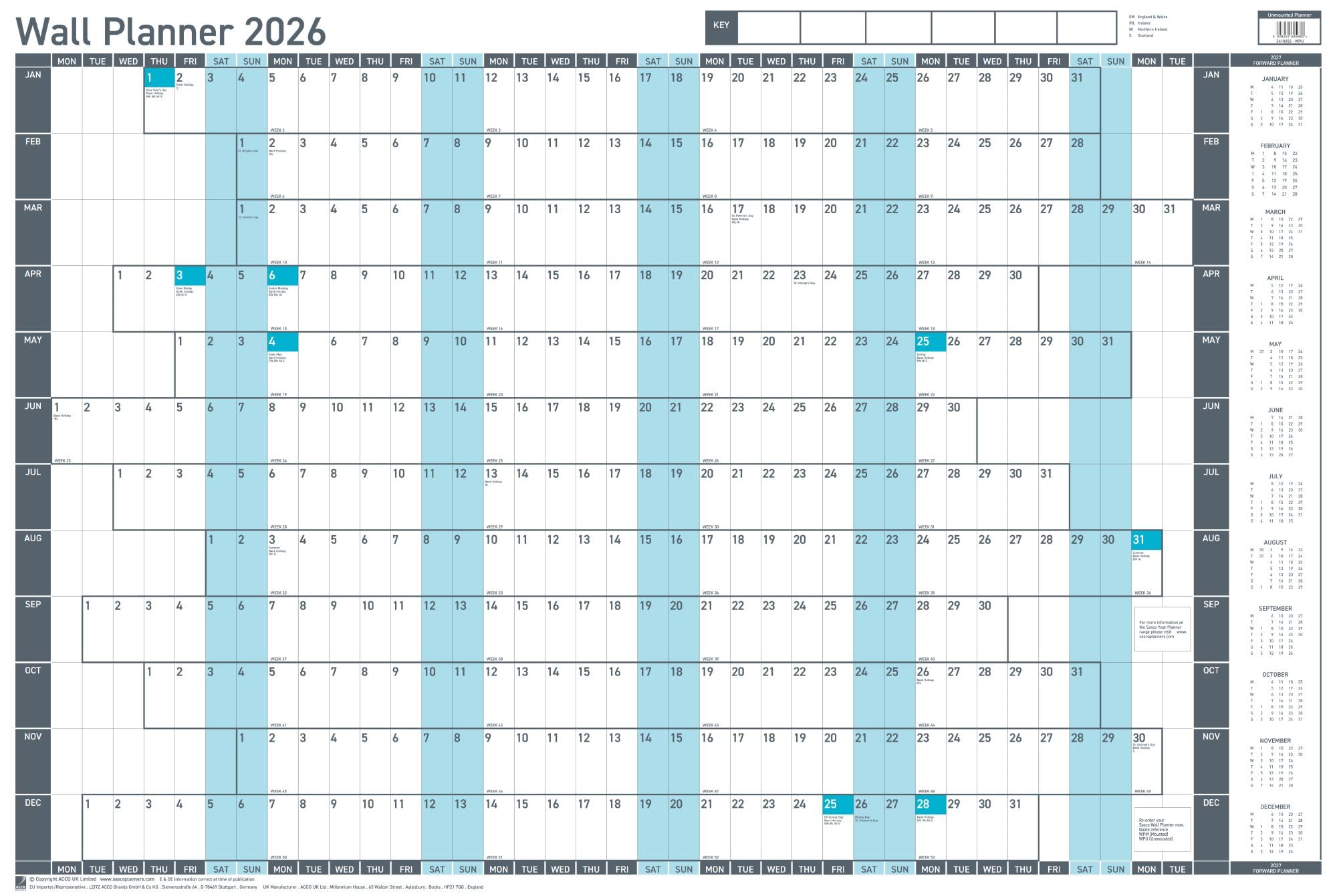 Sasco Unmounted Value Year Wall Planner 2026 Poster (915 x 610mm) 2410282