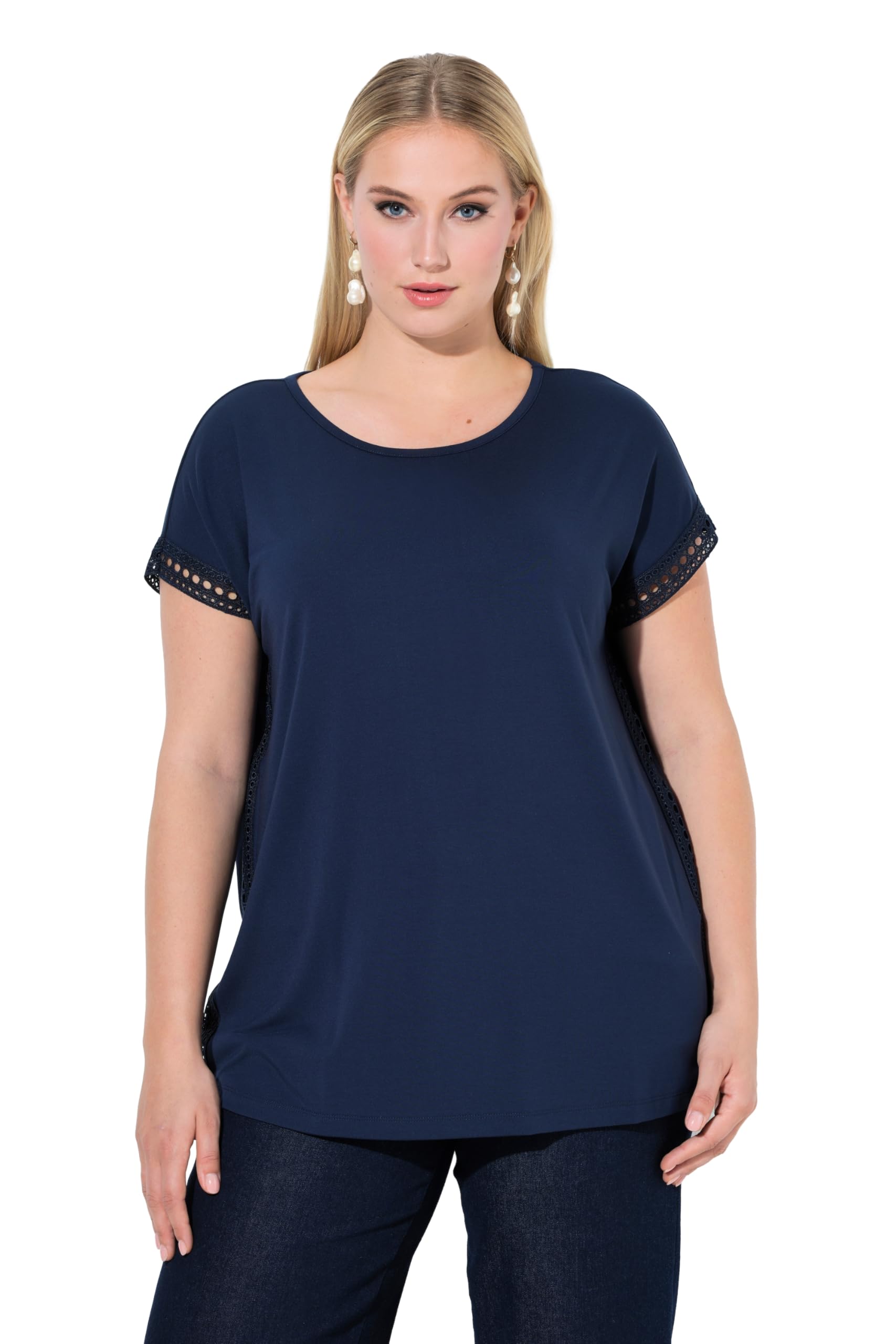 Ulla Popken Damen große Größen Übergrößen Plus Size T-Shirt, Lochspitze, Classic, Rundhals, Halbarm 846336