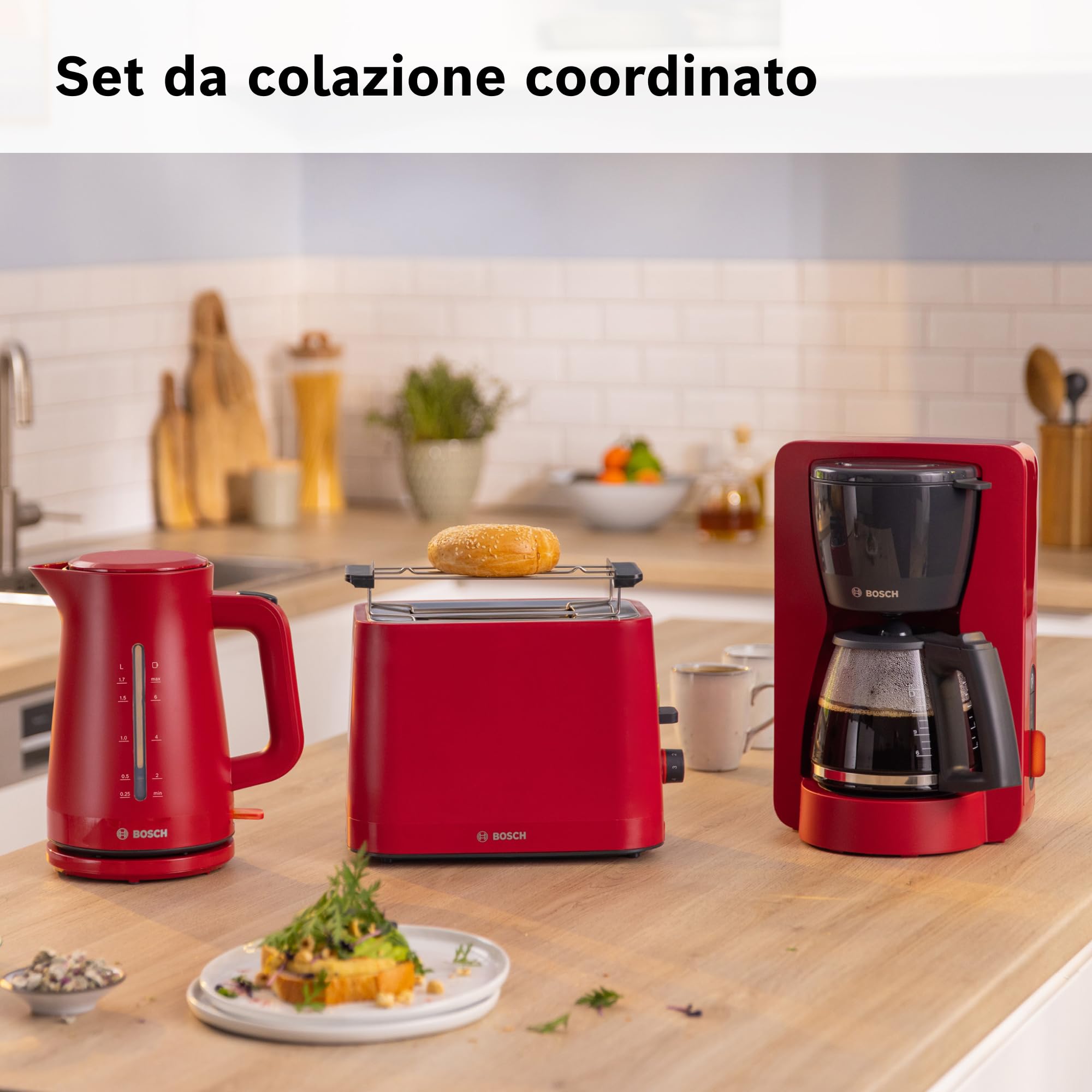 Bosch Macchina da Caffè Americano MyMoment TKA3M134, 1200 W, Capacità fino a 10 Tazze, Filtro Removibile, Caraffa in Vetro, Sistema Antigoccia, Serbatoio Rimovibile, Facile Decalcificazione, Rosso