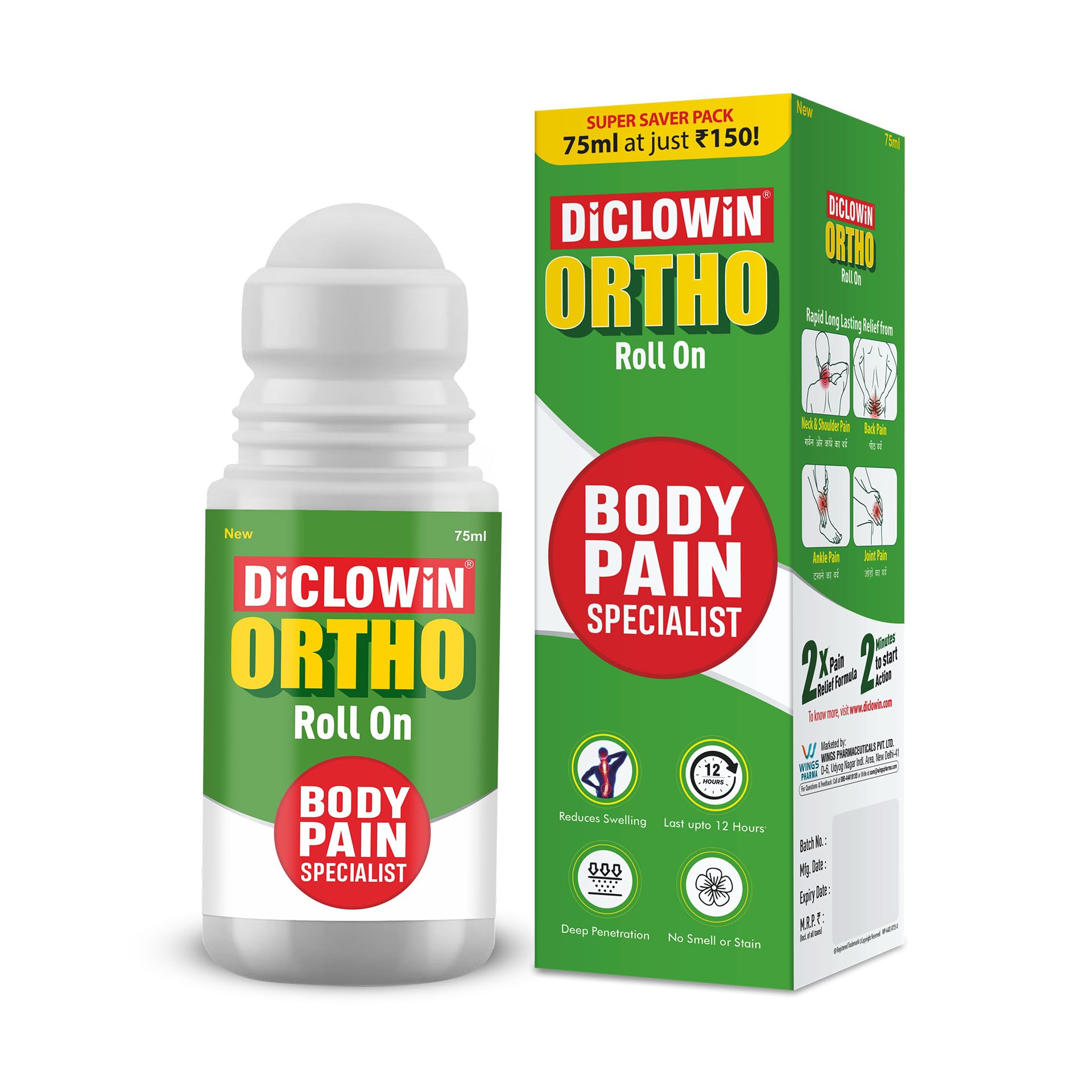 Diclowin Ortho Roll On 75 ml | Mess-free Applicator for Back, Foot, Neck, Shoulder, Leg, Sciatica & Hand Pain | Works on Muscles with 2x Cooling Power Formula-image-25