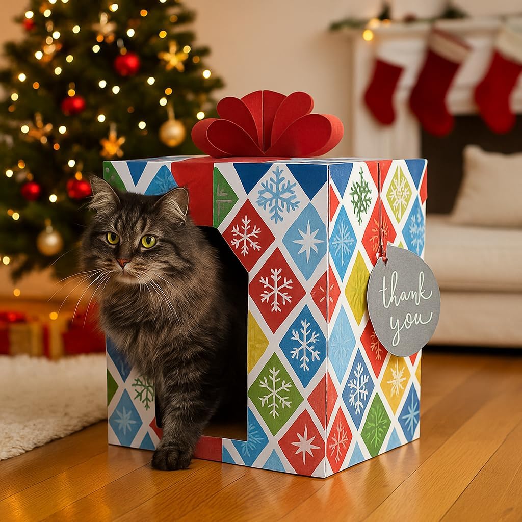 “Cat Gift Box Playhouse – Holiday Toy Hideout, Scratch-Resistant Cardboard House Shaped Like a Gift with Bow – Cute for Cats & Cat Lovers