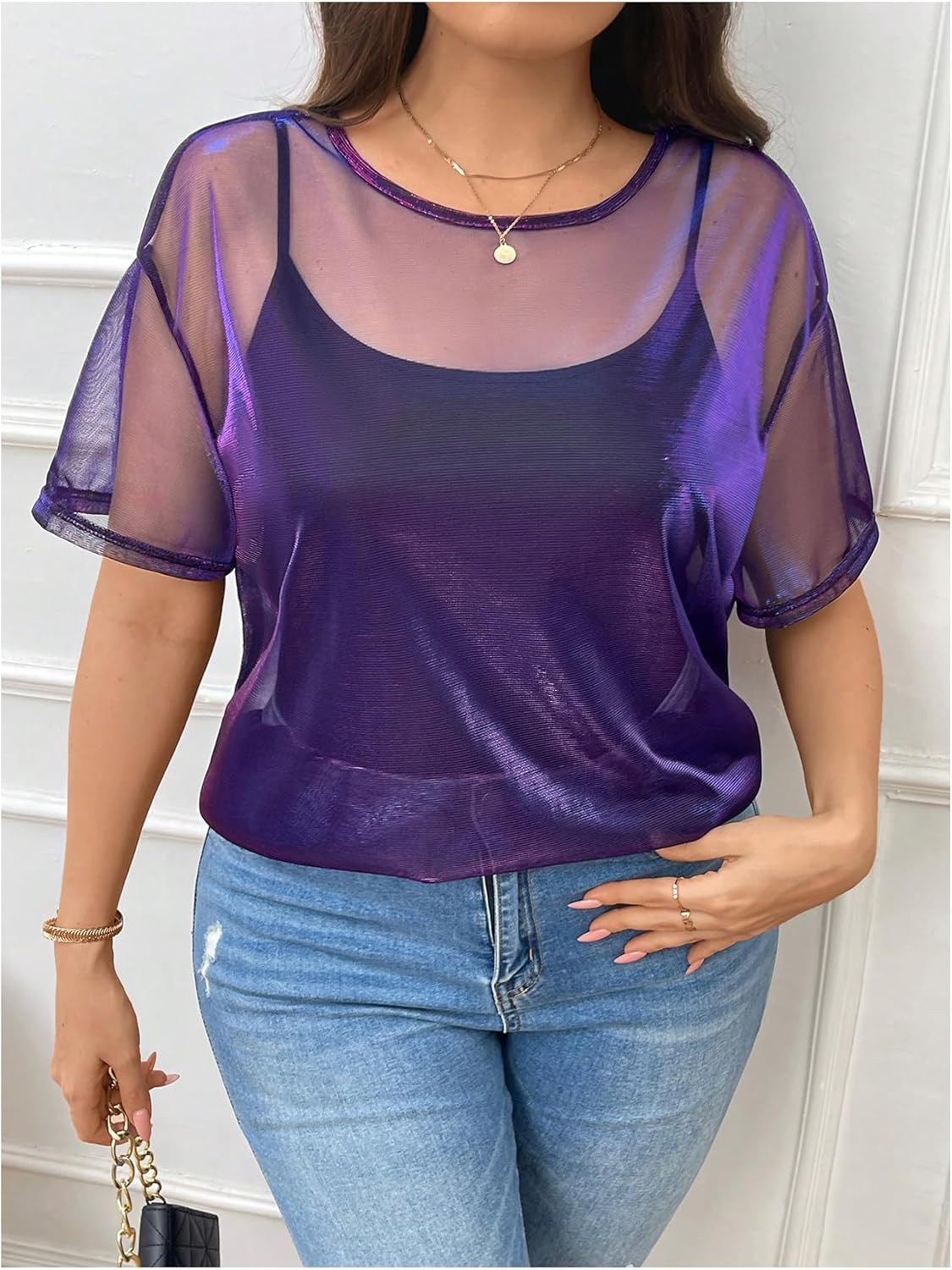WDIRARA Women's Plus Size Mesh Sheer Top Metallic See Through Short Sleeve T Shirts Party Rave Tops - Image 4