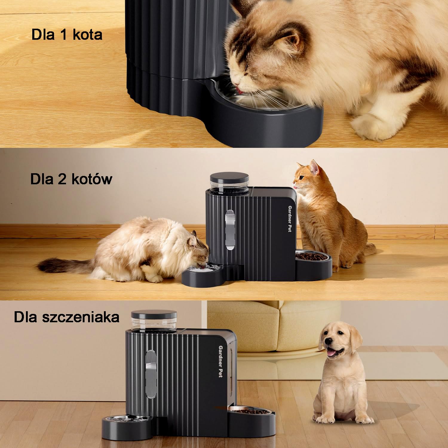 Gardner Pet Automatyczny karmnik dla kotów i dozownik wody 2 w 1, 3L*2, miski dla kotów z miską ze stali nierdzewnej, grawitacyjny dozownik wody dla psów, w 100% wolny od BPA, nie wymaga