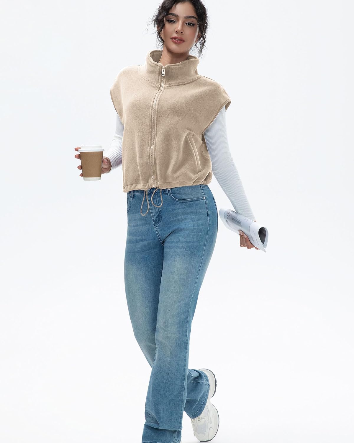 Women's Full Zip Fleece Short Vest Warm Winter Sleeveless Stand Collar Sherpa Crop Coat - Image 5