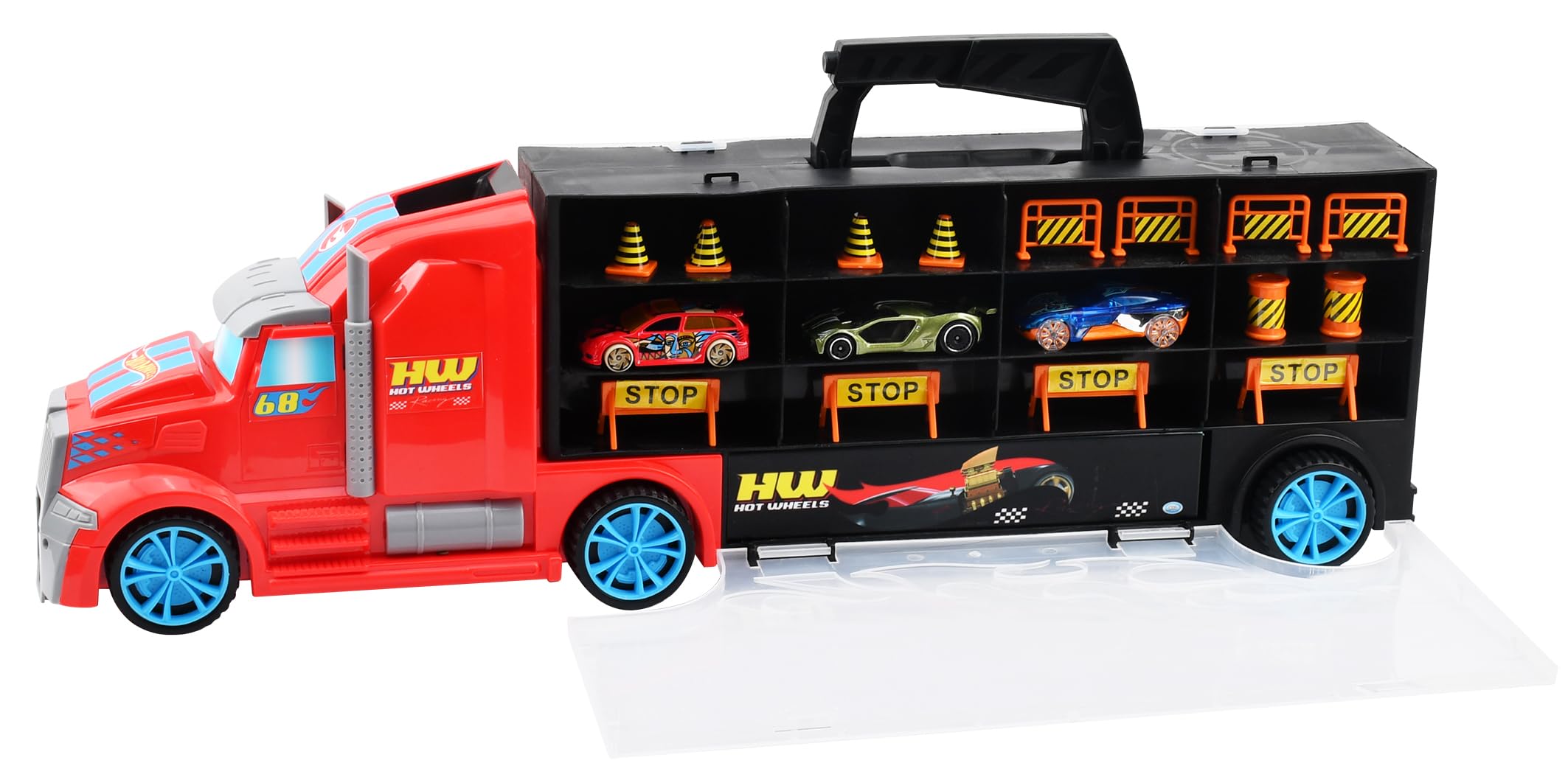ODS 42034 Hot Wheels Transporter 50, Valigetta Bisarca con 4 Auto Originali, blu