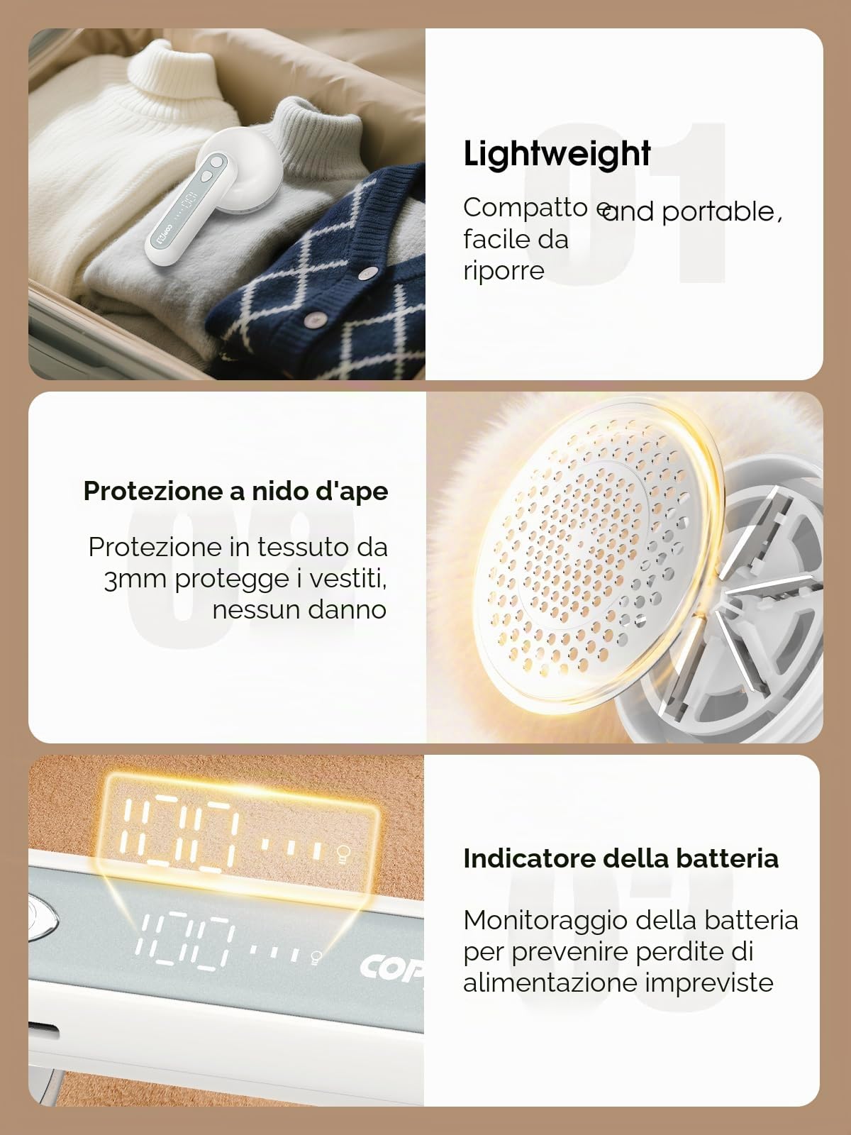 COPPA Levapelucchi Elettrico, LR-01 Elettrici Leva Pelucchi Ricaricabile 6 Lame 3 Velocità Regolabili Portatile Rasoio Pelucchi con Protezione Spegnimento & Luce per Rimuovere Lanugine Vari Tessuti