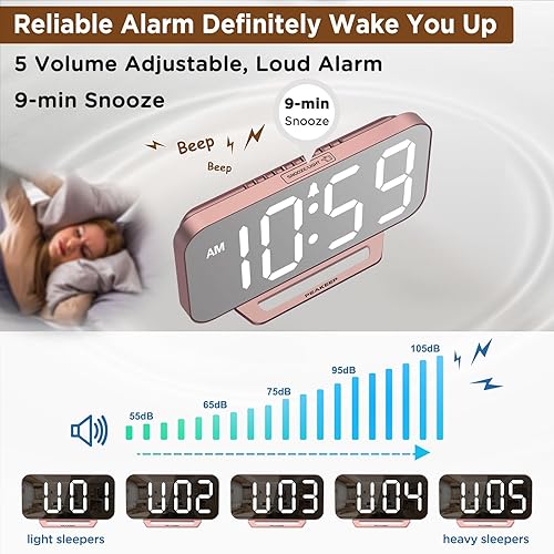 Miniatura 7 de Peakeep Slim Digital Mirror Aesthetic Alarm Clock for Bedroom Living Decor, Plug in Electric Clock Big LED Modern Small Table Clock for Office Desk,