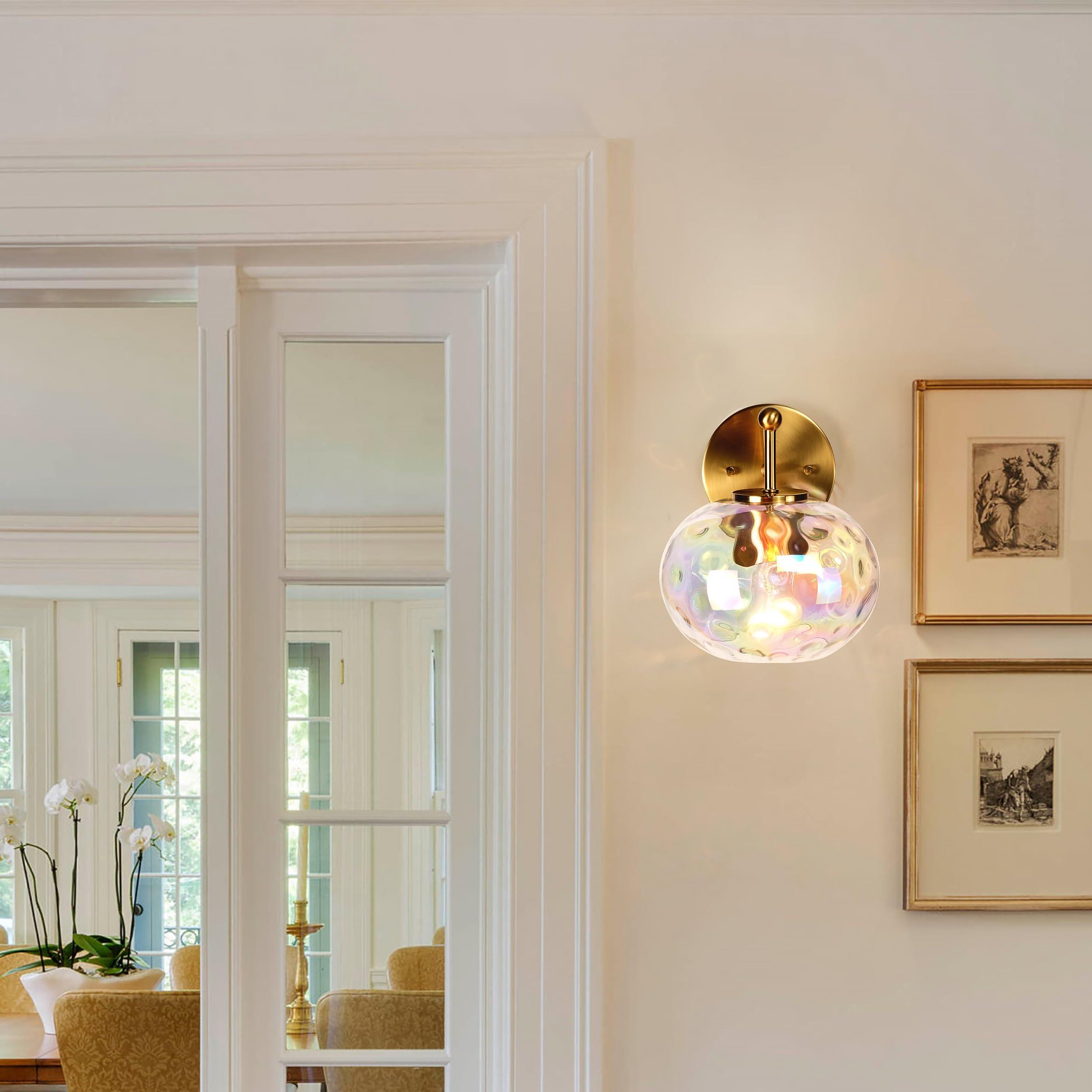 Wrlmfy Gold Wall Sconce Light Colorful Hammered Glass Vanity Lighting Brushed Brass Wall Lamp for Bathroom Over Mirror