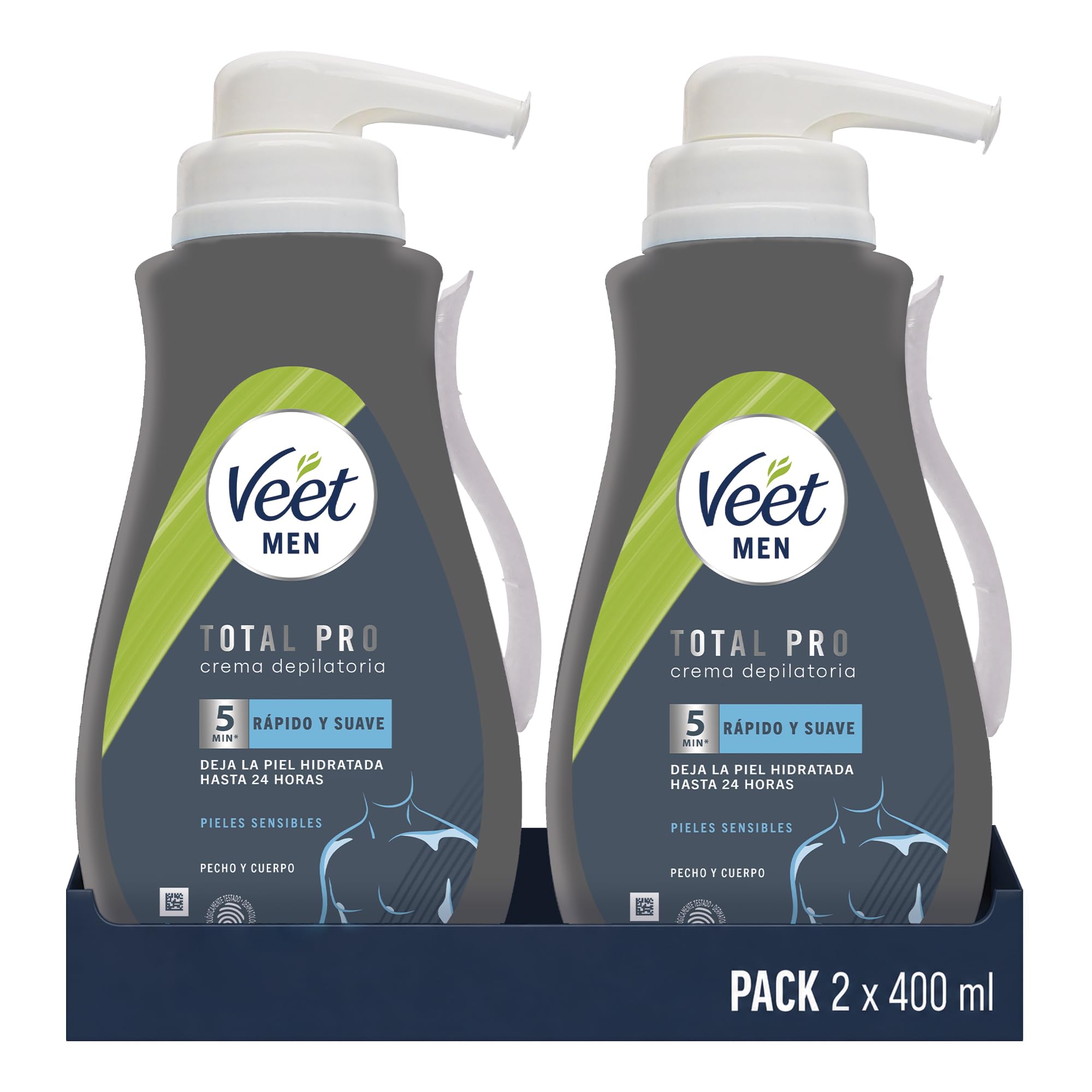 Veet Men - Crema depilatoria maschile per petto schiena braccia e gambe, pelli sensibili, colore grigio, 400 ml (confezione da 2)