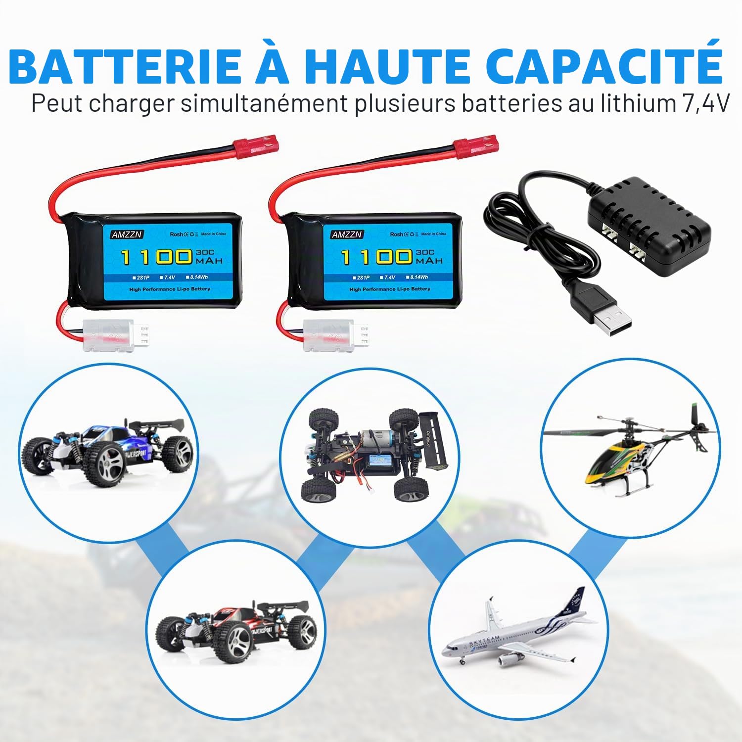 2PCS 7,4V 1100mAh 30C Lipo batterie avec chargeur 2-en-1 pour Wltoys A949 A959 A969 A979 K929 RC voiture, compatible avec 1/10 1/16 1/18 1/24 Ratio RC voiture et A320 A321 V3551 3 drone RC