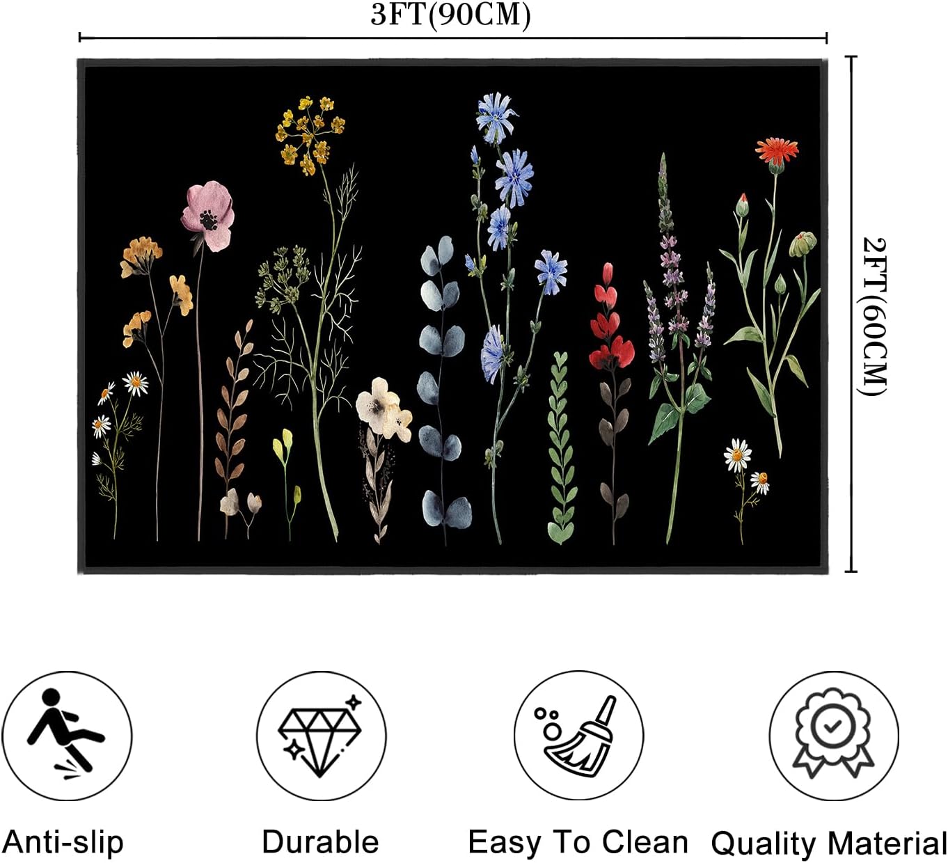 Entrance 2x3 Rug,Floral Rugs for Bedroom,Machine Washable Small Area Rug with Flowers,Door Mat Indoor,Low Pile Throw Rugs for Entryway Non Slip Floor Carpets for Entry,Front Door,Black