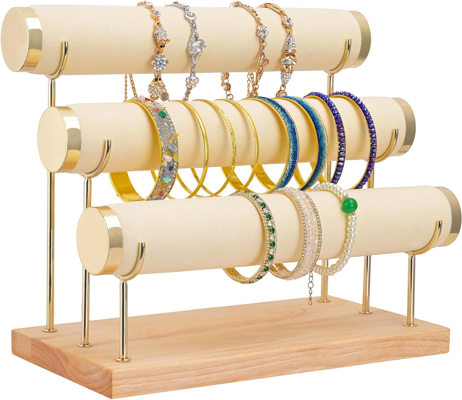 Aqerimit Bracelet Display Holder Small Size Jewelry Storage Stand 3 Tier Bangle Organizer Wooden Velvet Watch Tower