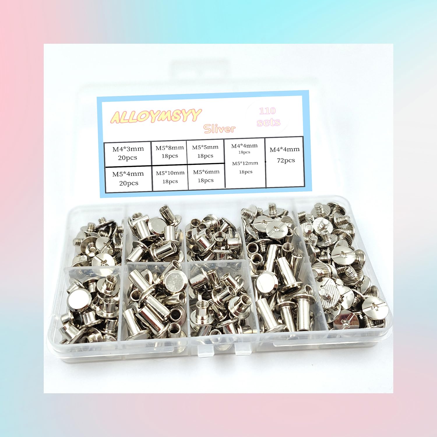 ALLOYMSYY 110 Sets Chicago Screws Leather Rivets Kit? for Binding Screws Trim and Repair Leather Craft Belt, Bag, Shoe, Purse Binding (Silver?M5*4.5.6.8.10.12.)