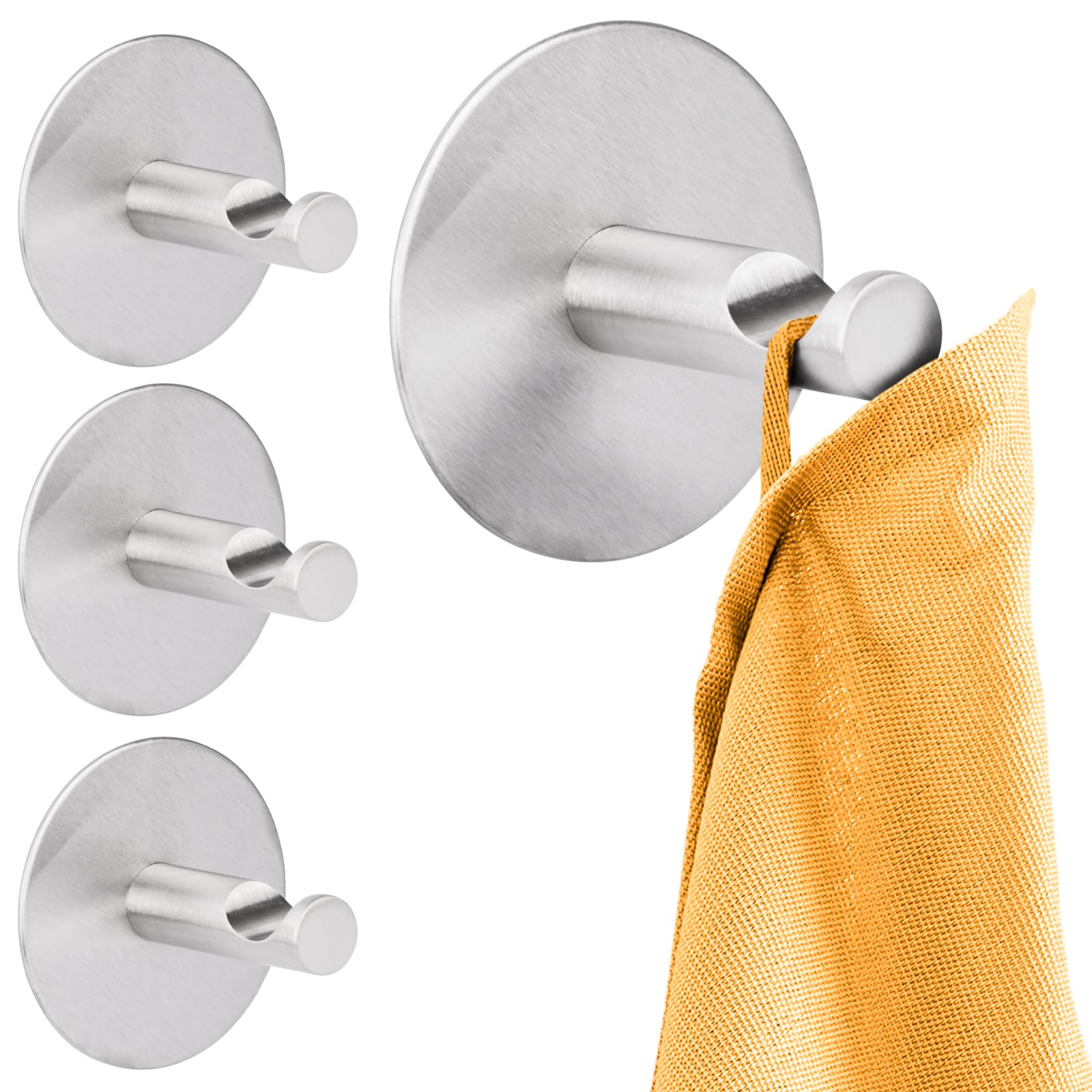 RICOOSelf Adhesive Hooks for Bathroom Towels, Robes, Coats, MH016-4 Stick On Wall and Door Hooks, Modern Stainless Steel Design, 4-Pack, Strong Adhesive Wall Hooks for Hanging Essentials