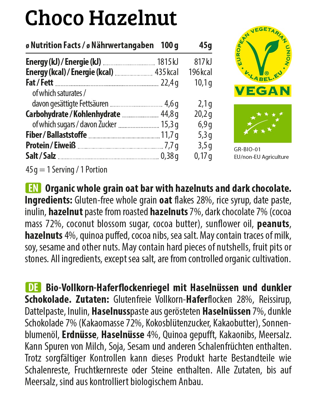 HEJ Oat Vollkorn-Hafer-Riegel - Bio-Müsliriegel mit Haselnuss, Schokolade & Nussmus - Veganer Snack - Energieriegel - Glutenfrei - Choco Hazelnut 12 x 45 g