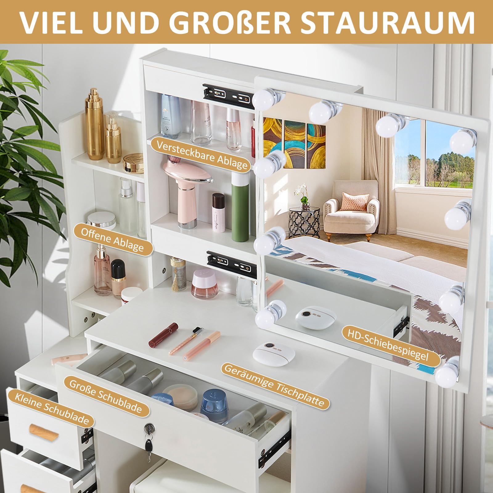 Toeletta da Trucco con Luci LED Hollywood, Tavolo da Trucco con Specchio e Sgabello, Tavolo da Trucco con 6 Cassetti e 6 Ripiani, Postazione Make-up Moderna 80x36x131cm